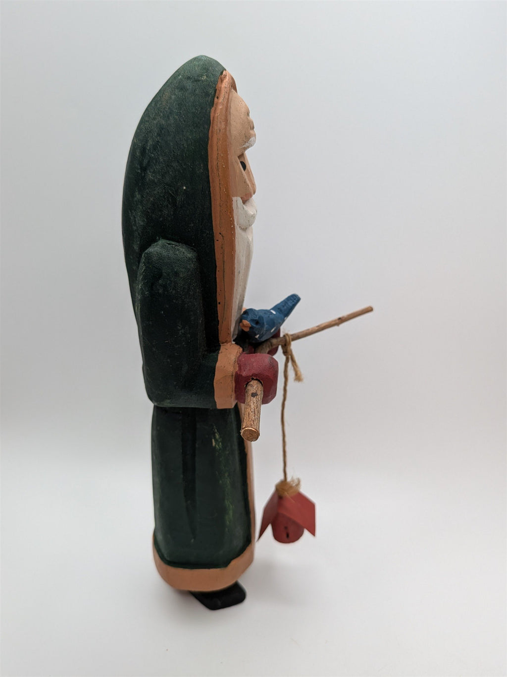 Hand Carved Wooden Woodland Santa Claus Old World Figurine /w Bird & Twigs