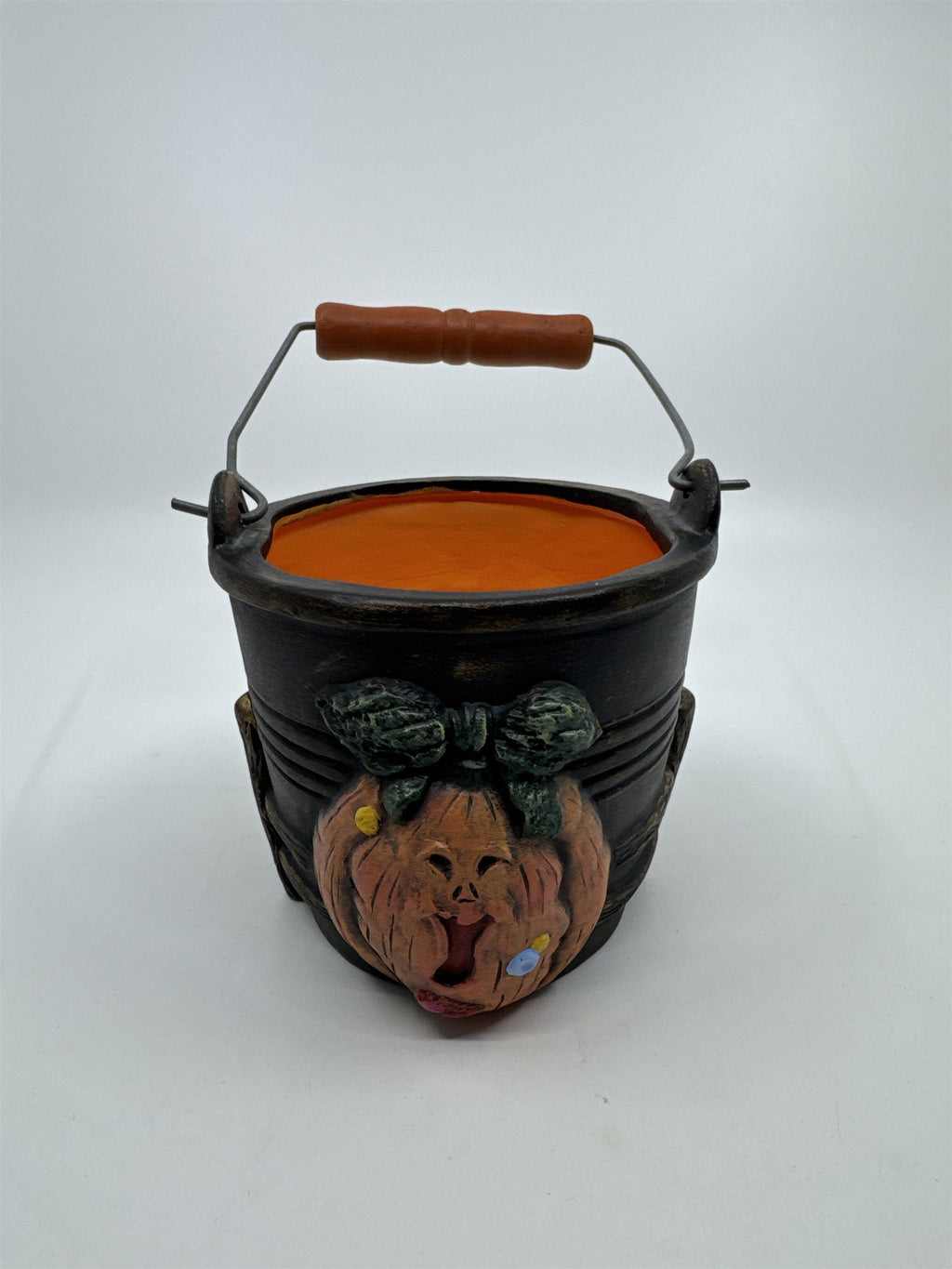 Vintage Halloween Pail/Planter With Joyful Pumpkin and Wooden Handle