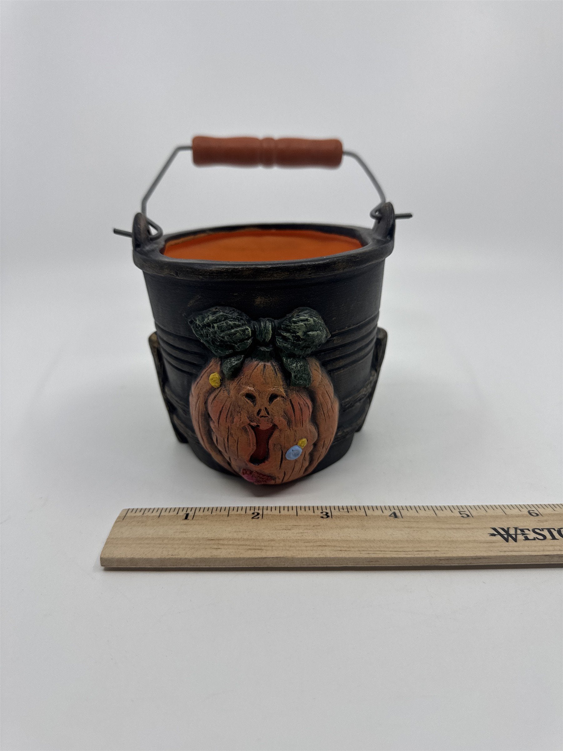 Vintage Halloween Pail/Planter With Joyful Pumpkin and Wooden Handle