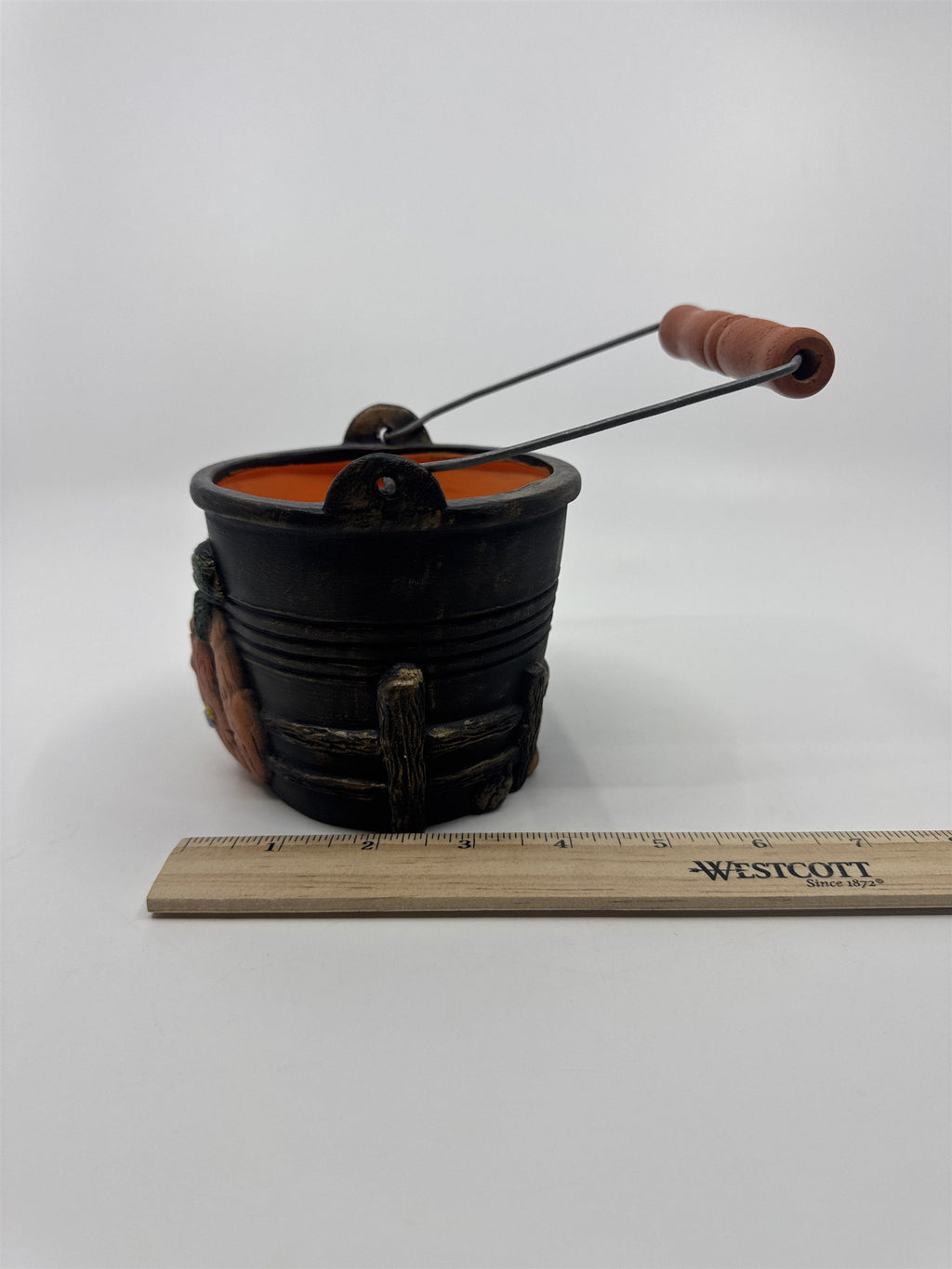 Vintage Halloween Pail/Planter With Joyful Pumpkin and Wooden Handle