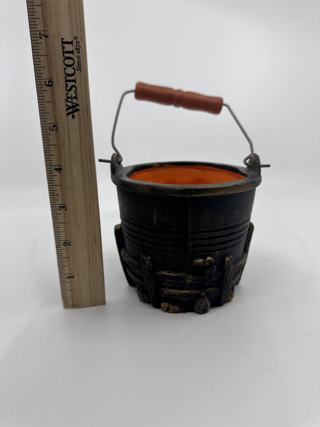 Vintage Halloween Pail/Planter With Joyful Pumpkin and Wooden Handle