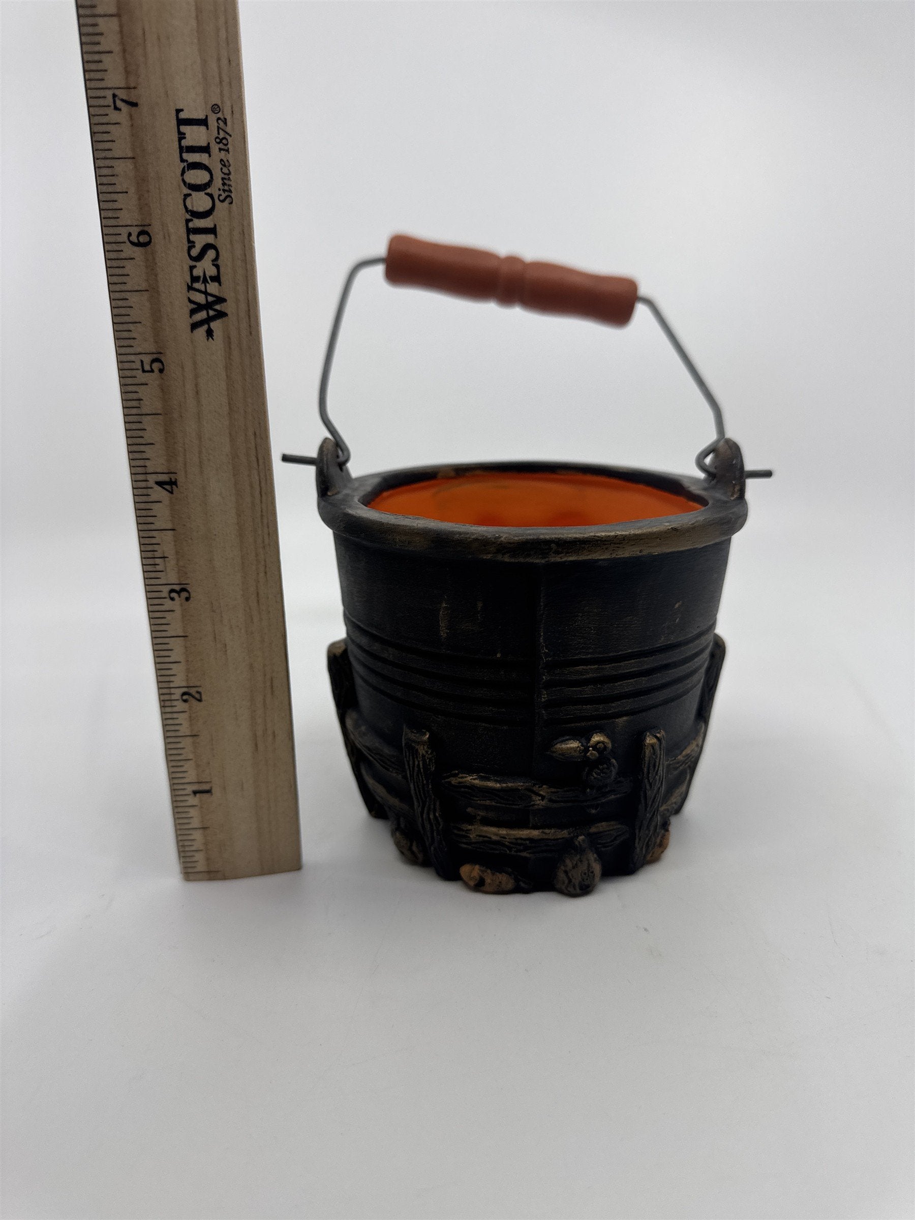 Vintage Halloween Pail/Planter With Joyful Pumpkin and Wooden Handle