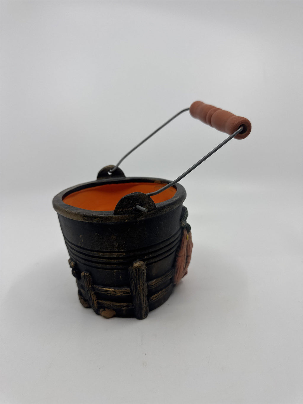 Vintage Halloween Pail/Planter With Joyful Pumpkin and Wooden Handle