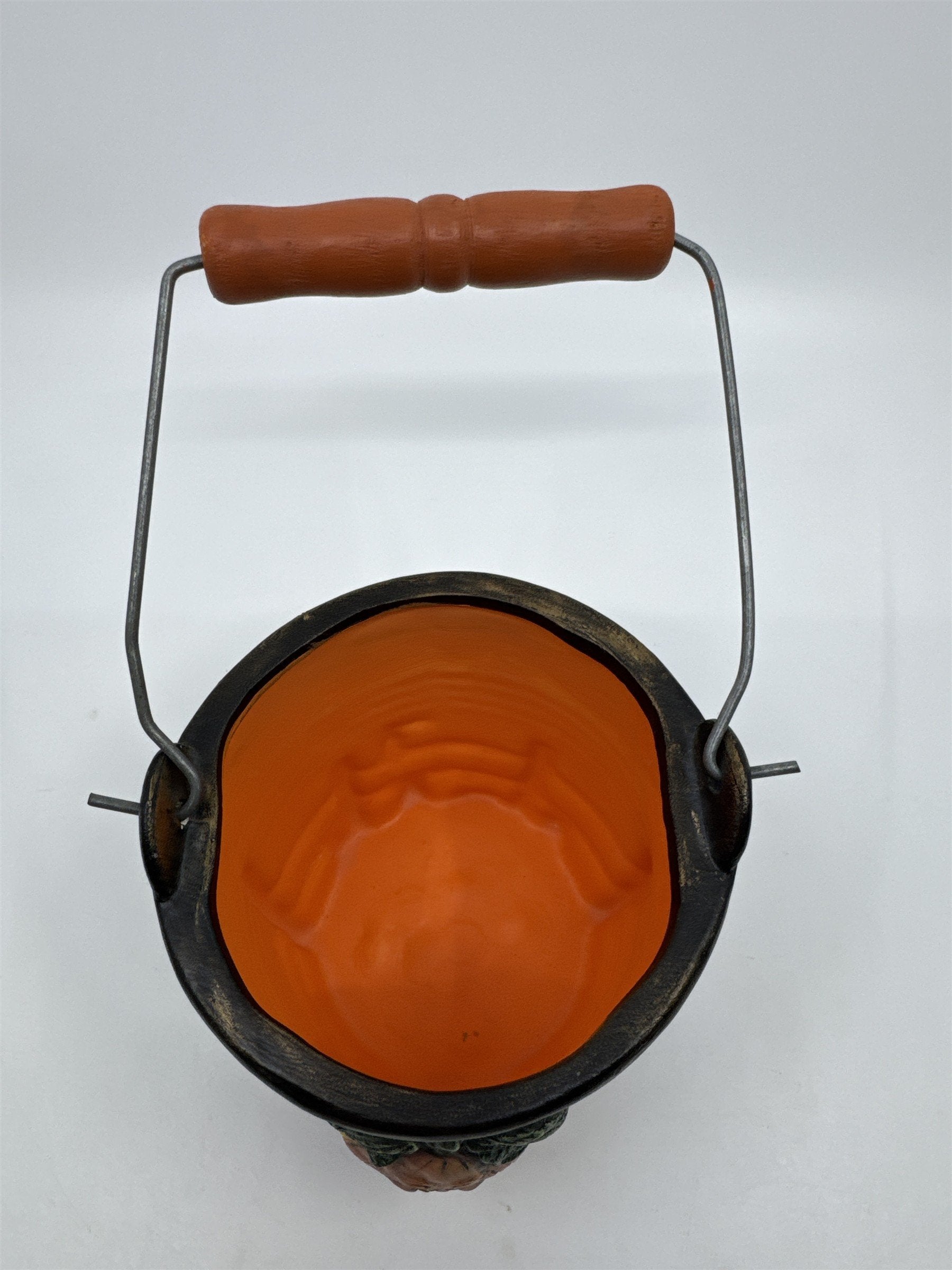 Vintage Halloween Pail/Planter With Joyful Pumpkin and Wooden Handle