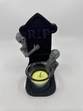 Vintage Halloween RIP Tombstone Tealight Holder W/ Glittery Skeletons By Sandra
