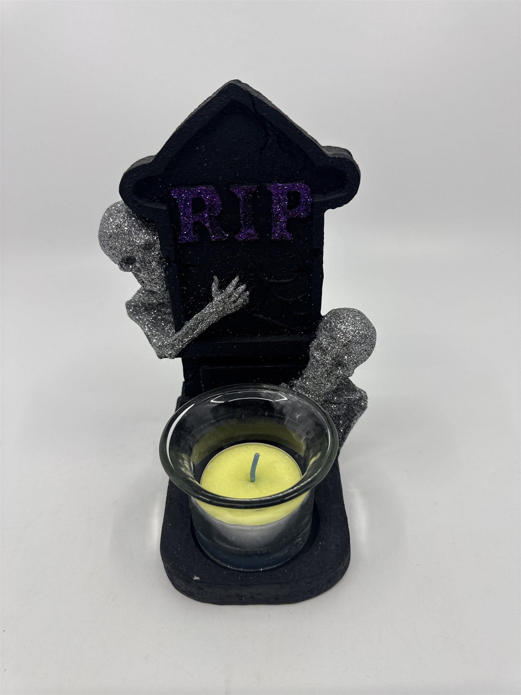 Vintage Halloween RIP Tombstone Tealight Holder W/ Glittery Skeletons By Sandra