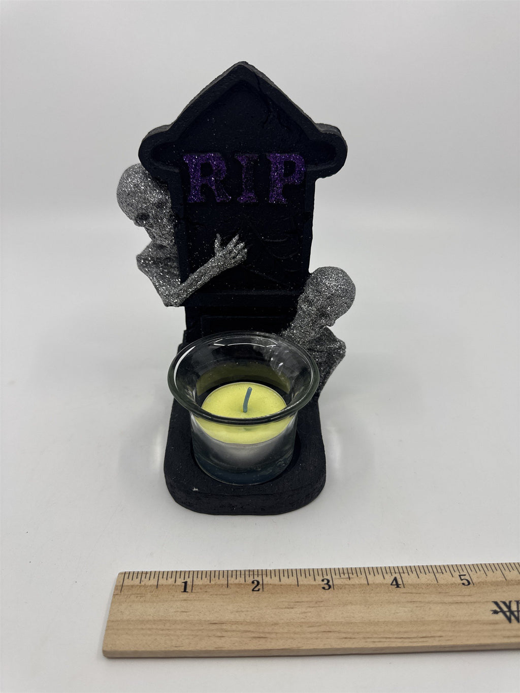 Vintage Halloween RIP Tombstone Tealight Holder W/ Glittery Skeletons By Sandra
