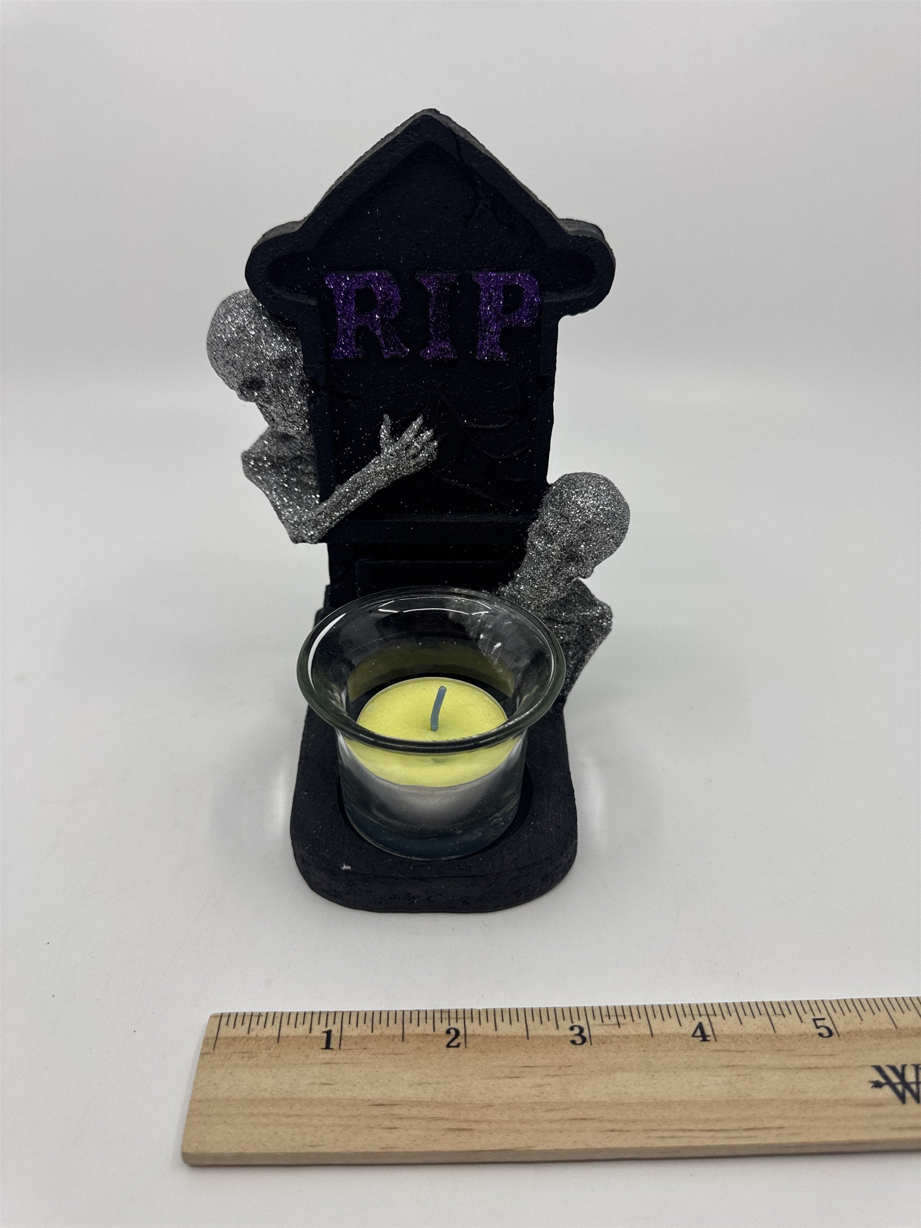 Vintage Halloween RIP Tombstone Tealight Holder W/ Glittery Skeletons By Sandra