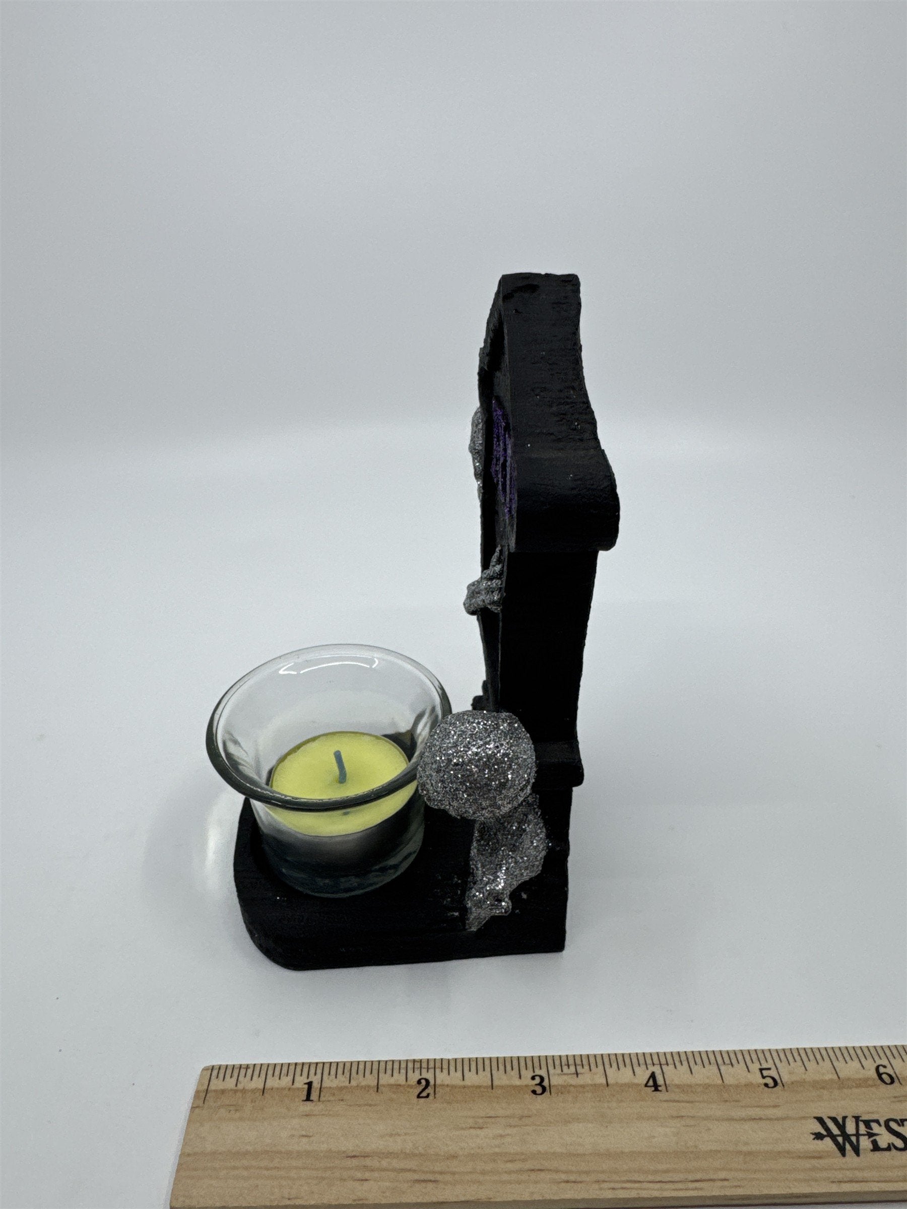 Vintage Halloween RIP Tombstone Tealight Holder W/ Glittery Skeletons By Sandra