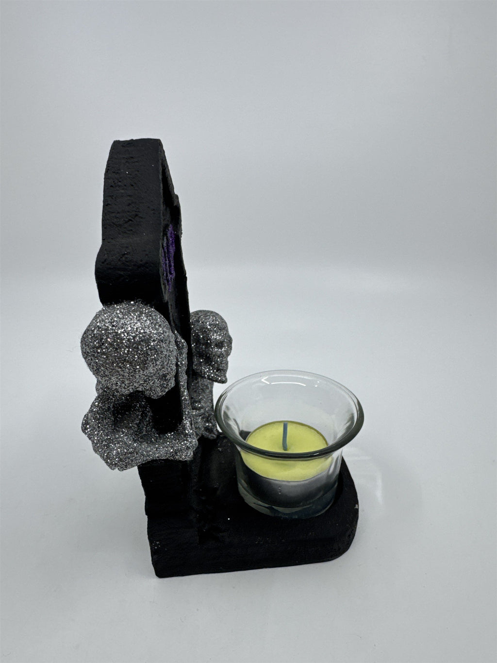 Vintage Halloween RIP Tombstone Tealight Holder W/ Glittery Skeletons By Sandra