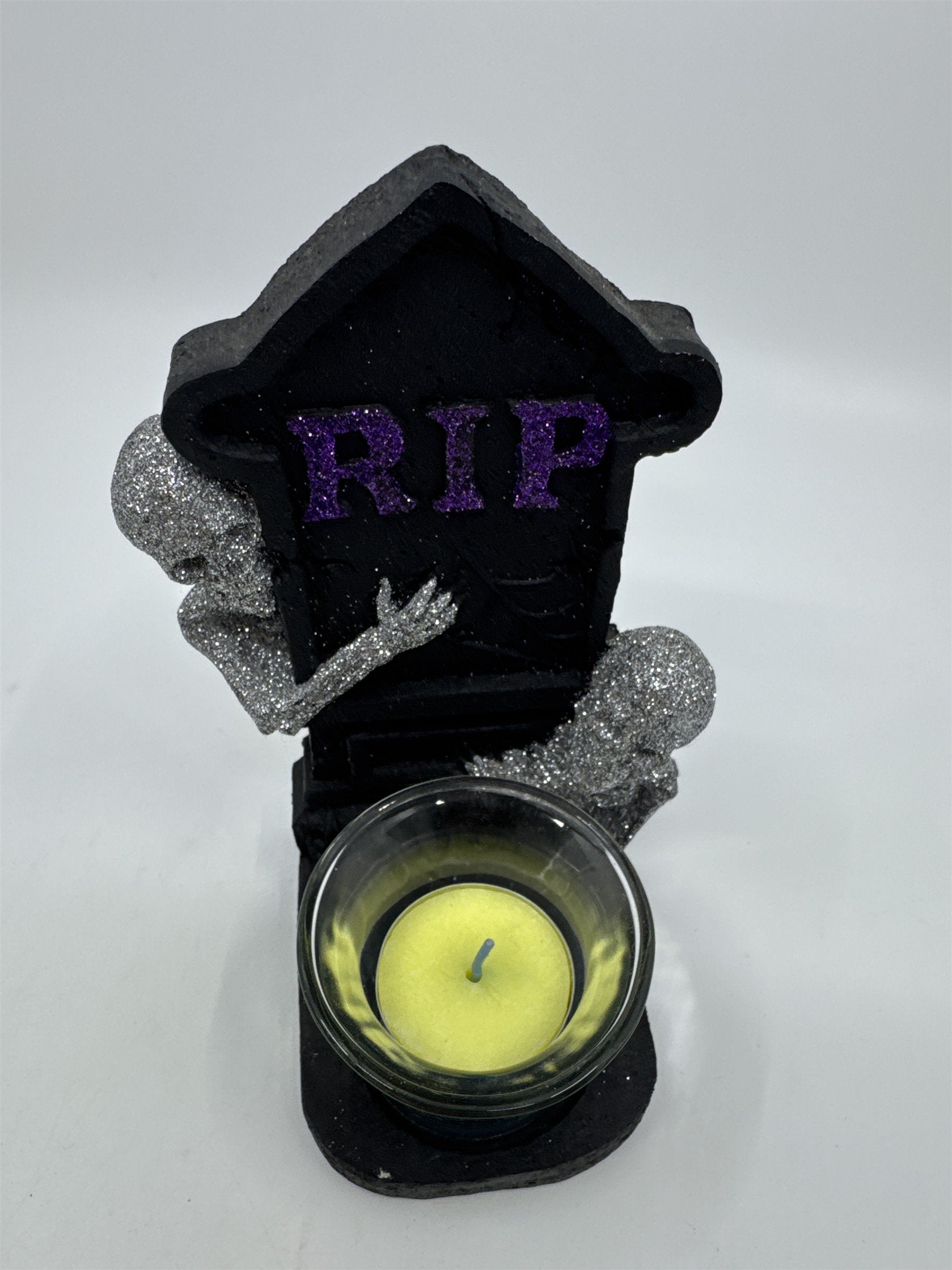 Vintage Halloween RIP Tombstone Tealight Holder W/ Glittery Skeletons By Sandra