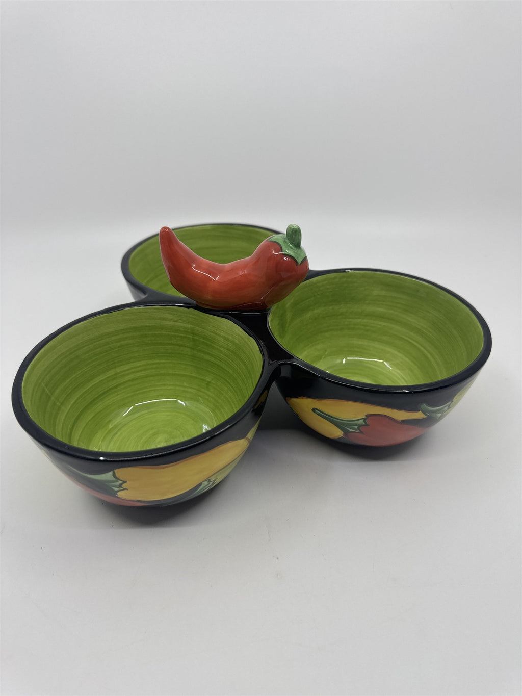 Clay Art 3-Bowl Condiments Holder Chili Pepper/Jalapeno Salsa/Chili/Dip Holders
