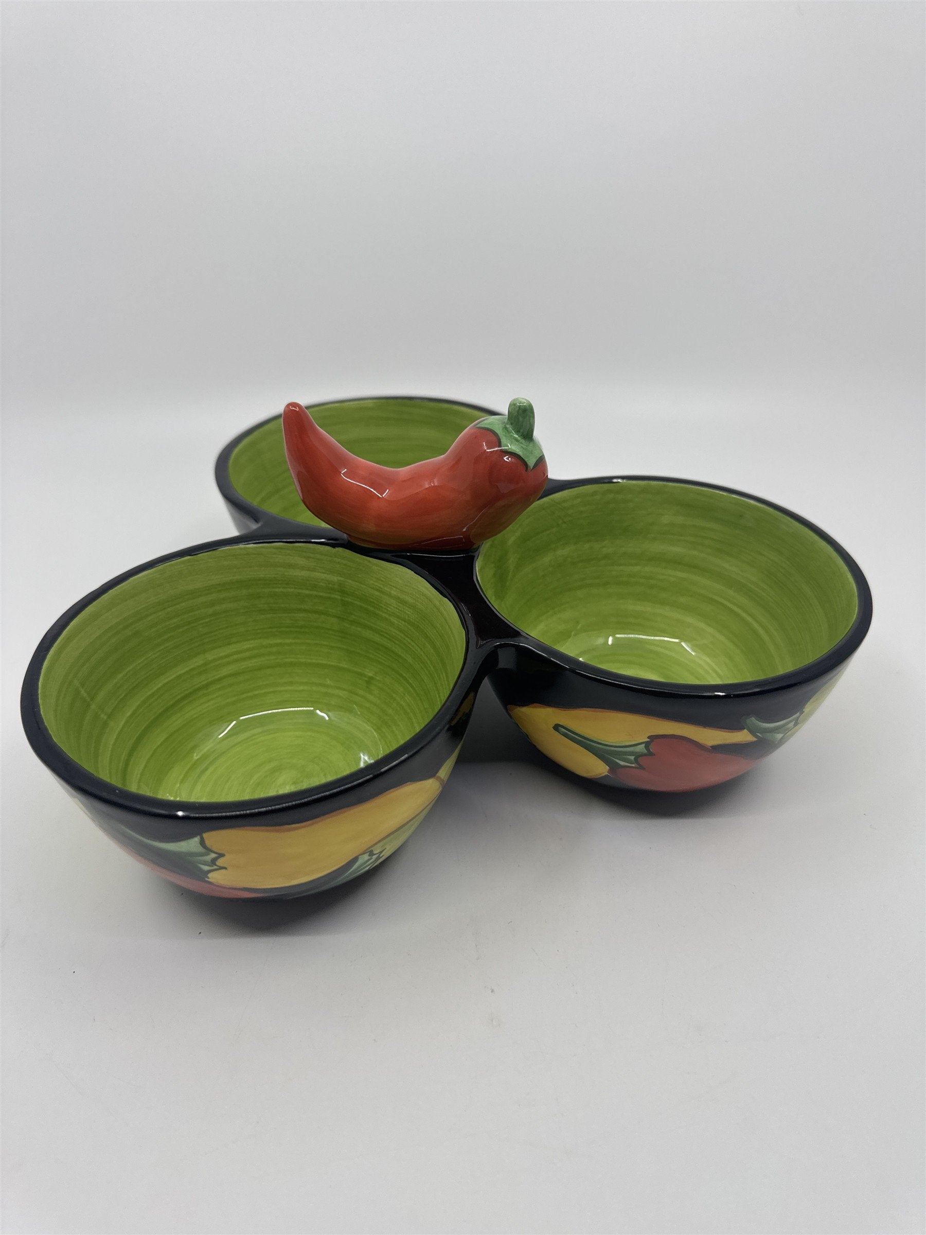 Clay Art 3-Bowl Condiments Holder Chili Pepper/Jalapeno Salsa/Chili/Dip Holders