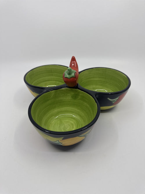 Clay Art 3-Bowl Condiments Holder Chili Pepper/Jalapeno Salsa/Chili/Dip Holders