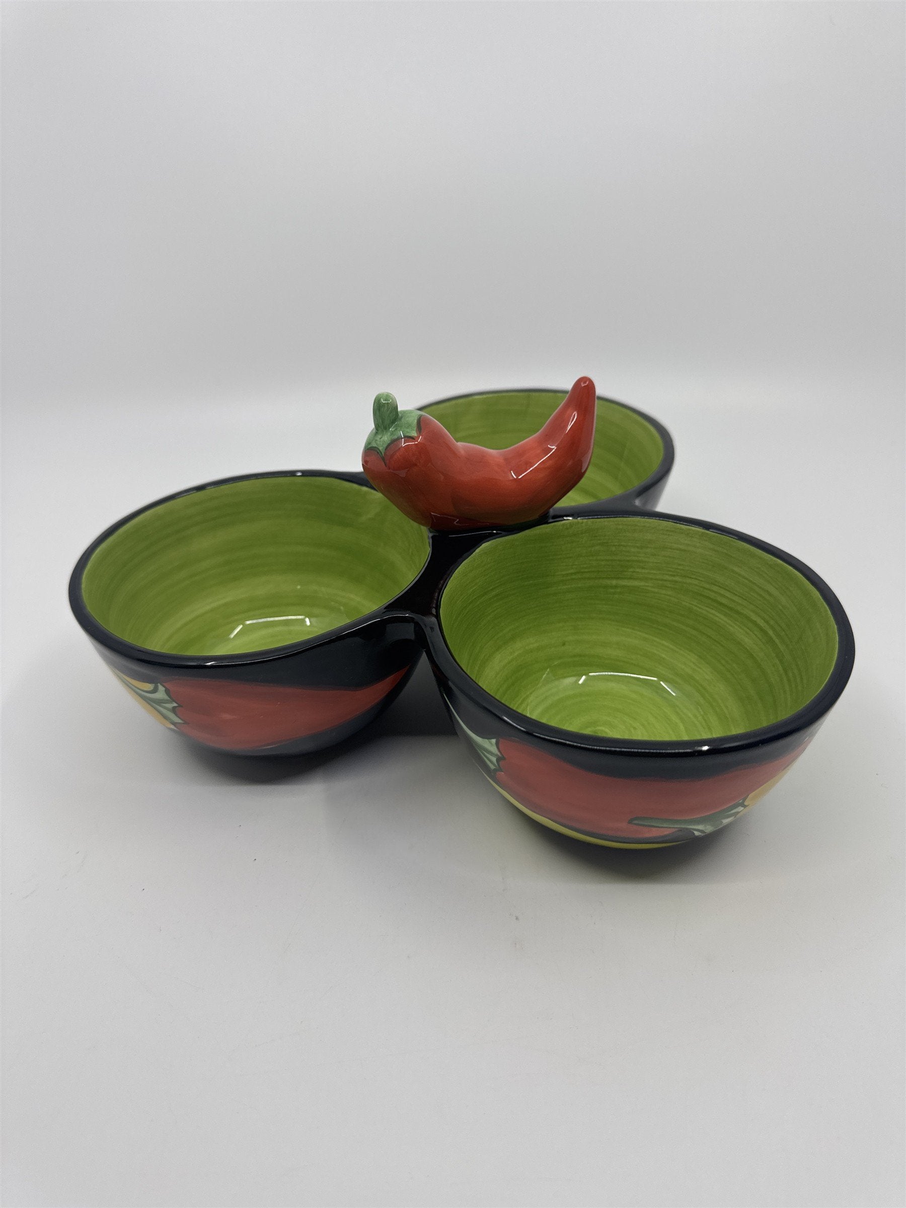 Clay Art 3-Bowl Condiments Holder Chili Pepper/Jalapeno Salsa/Chili/Dip Holders