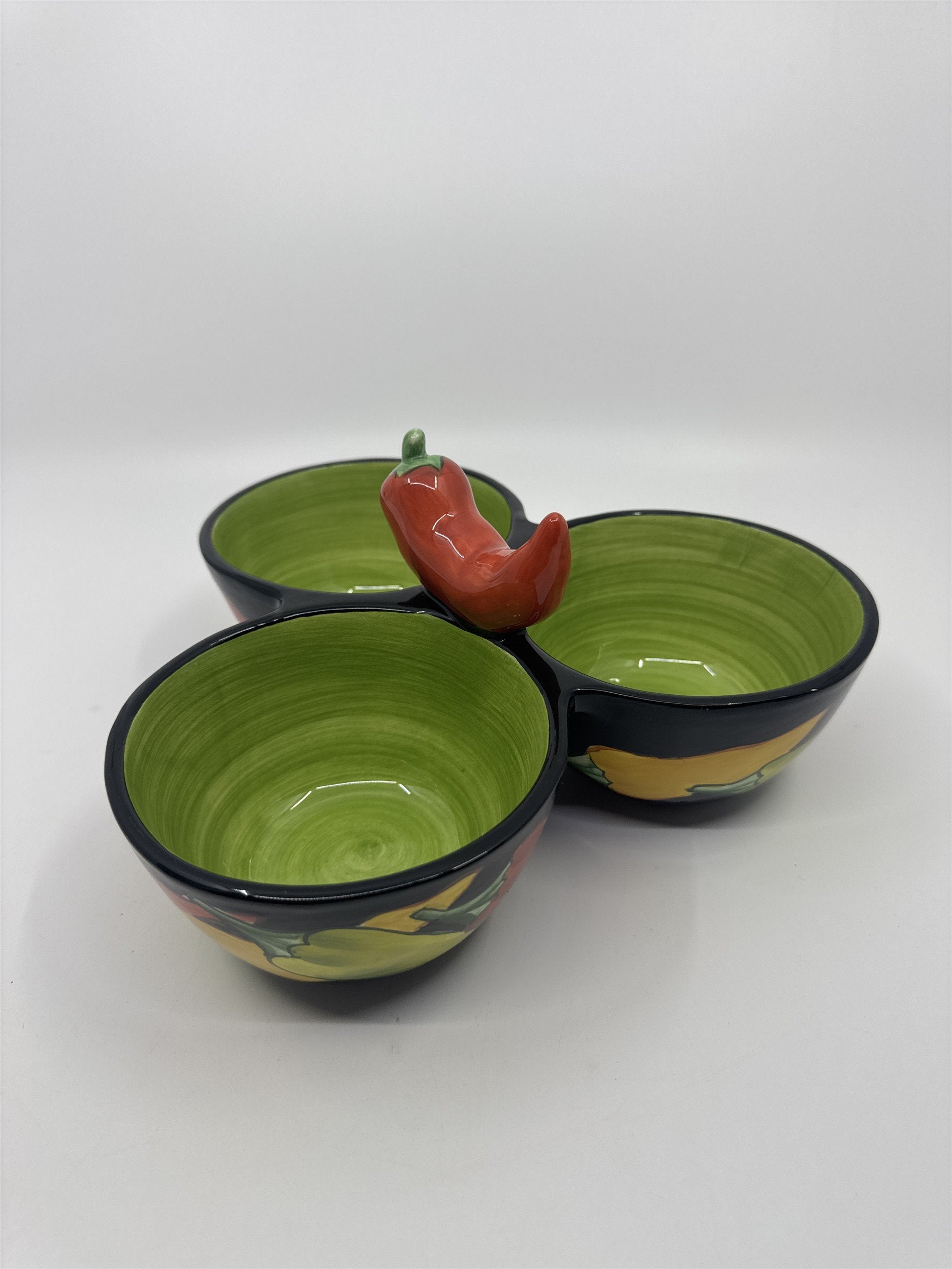 Clay Art 3-Bowl Condiments Holder Chili Pepper/Jalapeno Salsa/Chili/Dip Holders