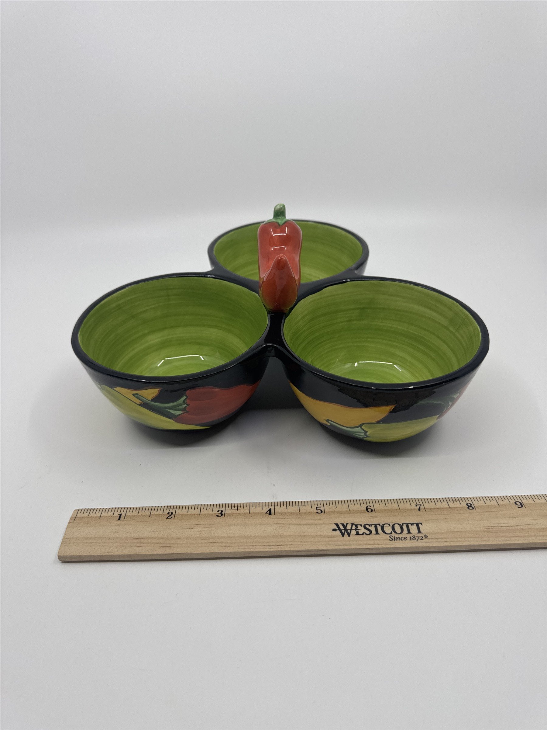 Clay Art 3-Bowl Condiments Holder Chili Pepper/Jalapeno Salsa/Chili/Dip Holders