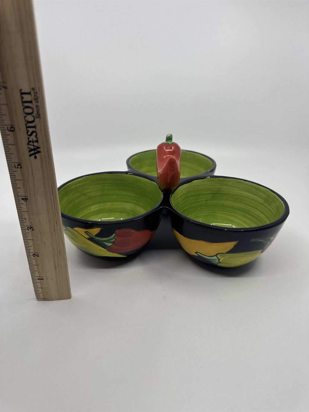 Clay Art 3-Bowl Condiments Holder Chili Pepper/Jalapeno Salsa/Chili/Dip Holders