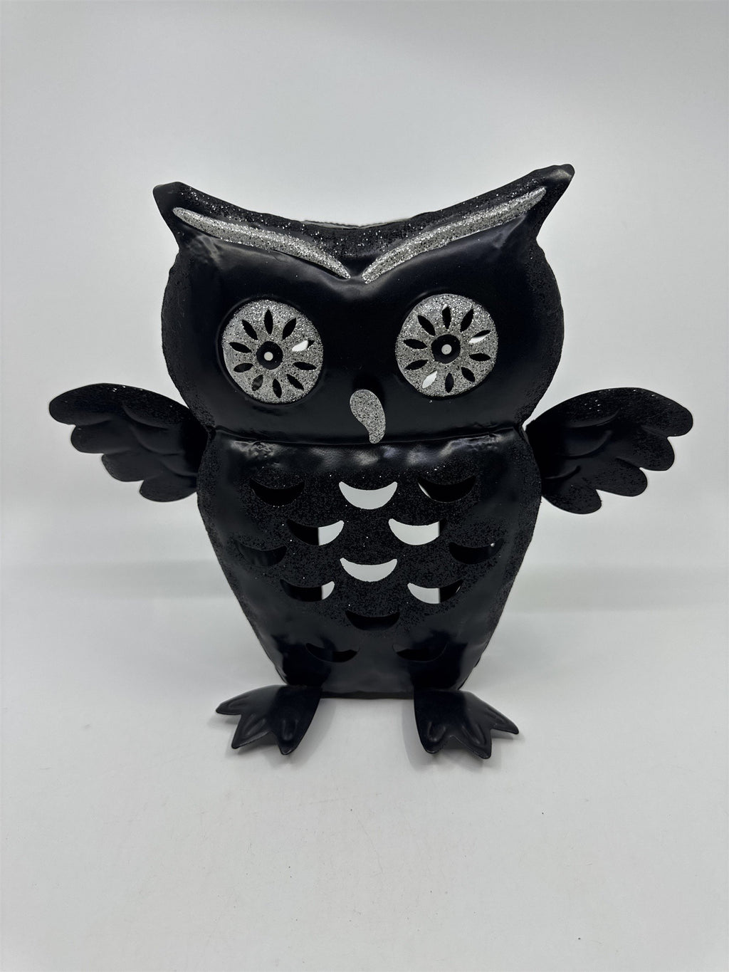 Black And Silver Glitter Halloween Owl Tea Light Candle Holder