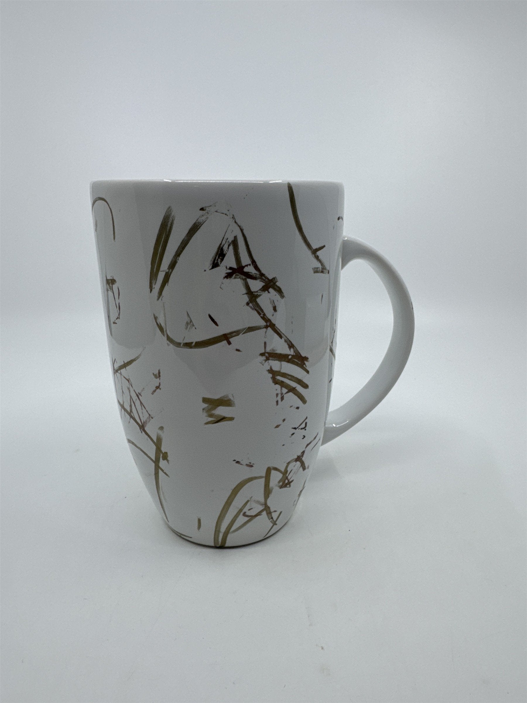 Large White Porcelain Threshold Coffee/Tea/Drink Mug Gold/Brown Abstract Lines