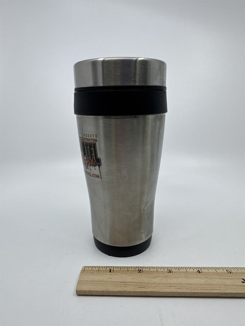 Bates Motel And Haunted Hayride Silver And Black Travel Mug **Rust By Rim