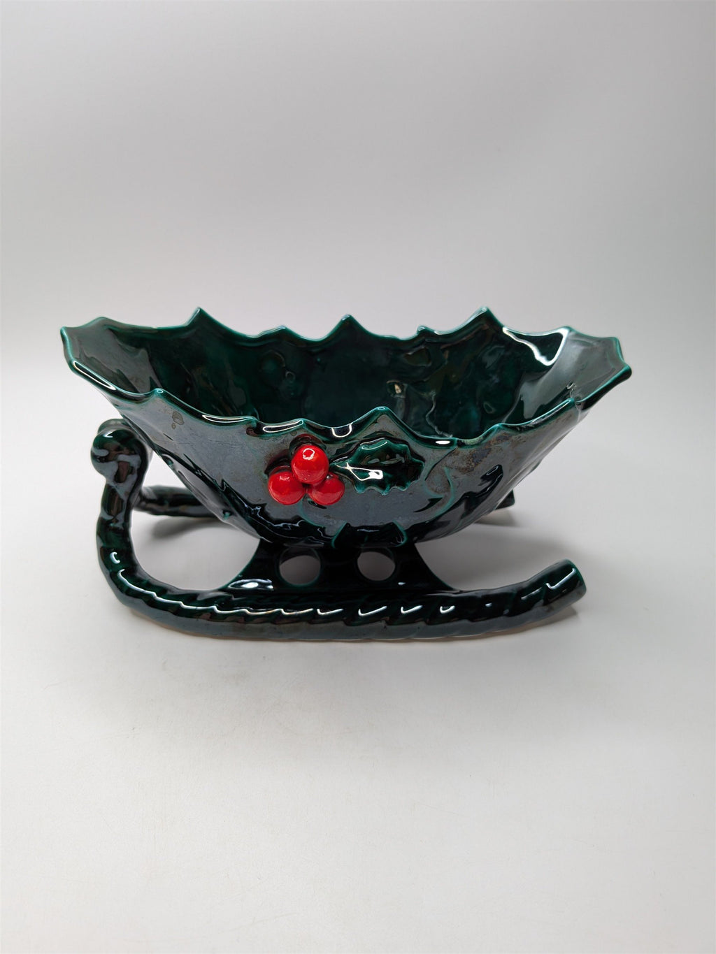 Vintage Lefton Ceramic Sleigh Bowl With Holly Berries 8" x 4" Nostalgic Planter