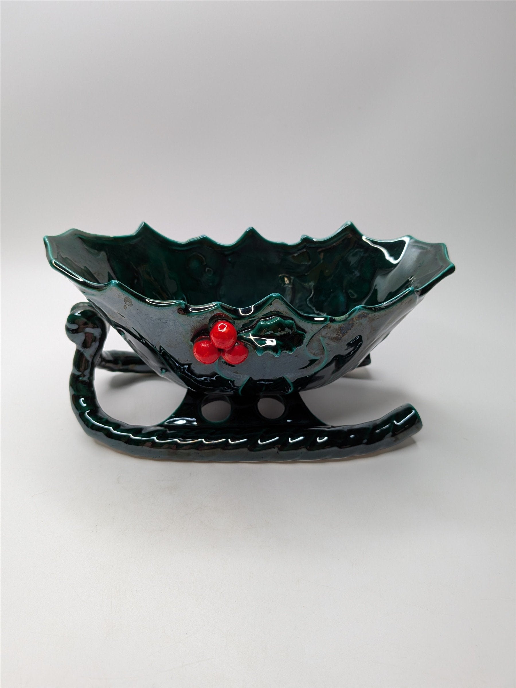 Vintage Lefton Ceramic Sleigh Bowl With Holly Berries 8" x 4" Nostalgic Planter