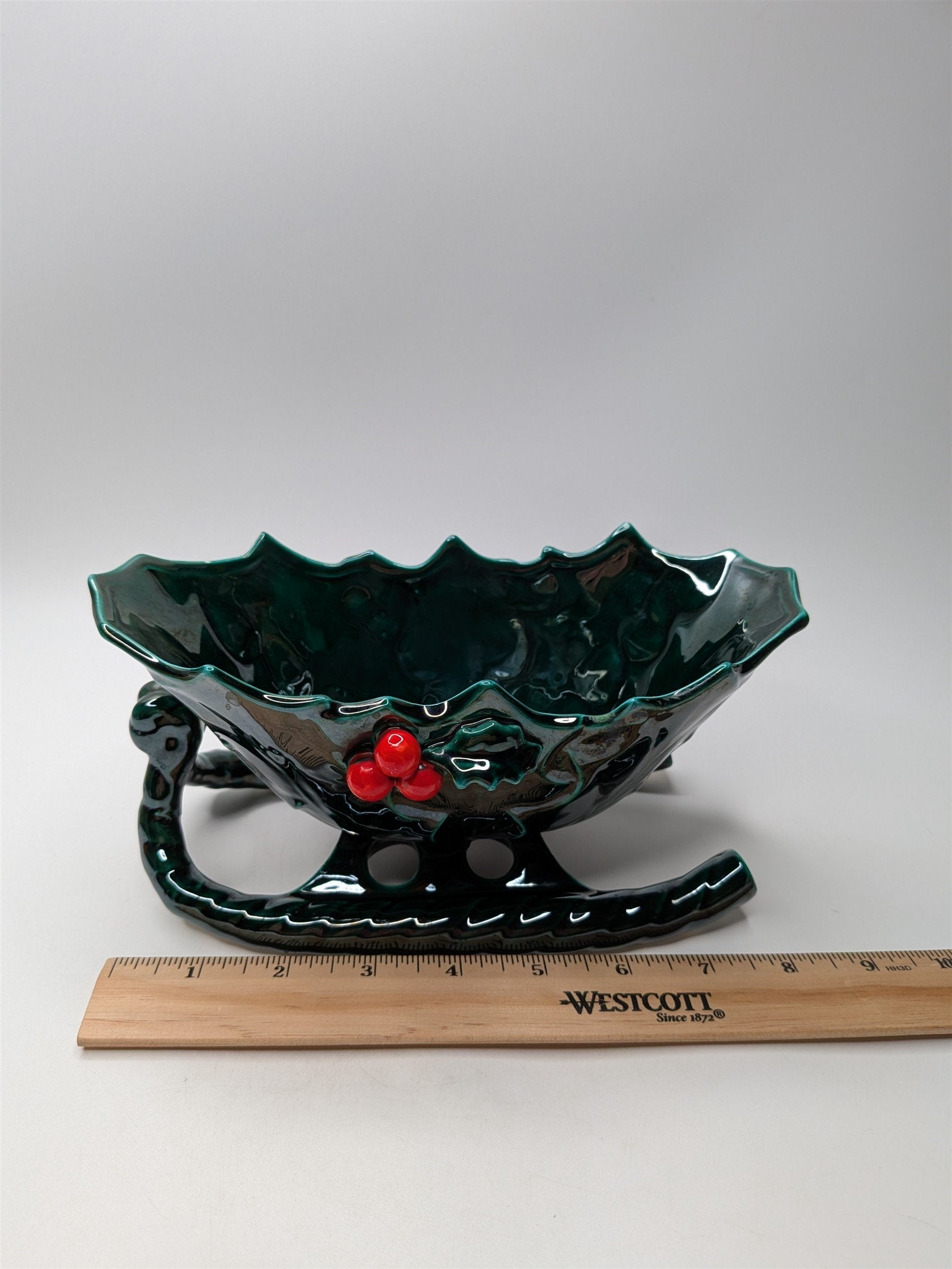 Vintage Lefton Ceramic Sleigh Bowl With Holly Berries 8" x 4" Nostalgic Planter