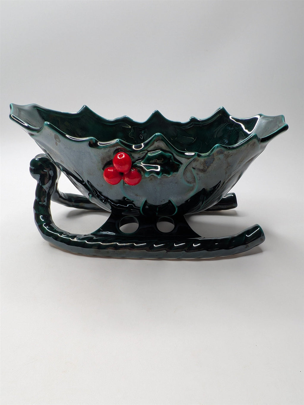 Vintage Lefton Ceramic Sleigh Bowl With Holly Berries 8" x 4" Nostalgic Planter