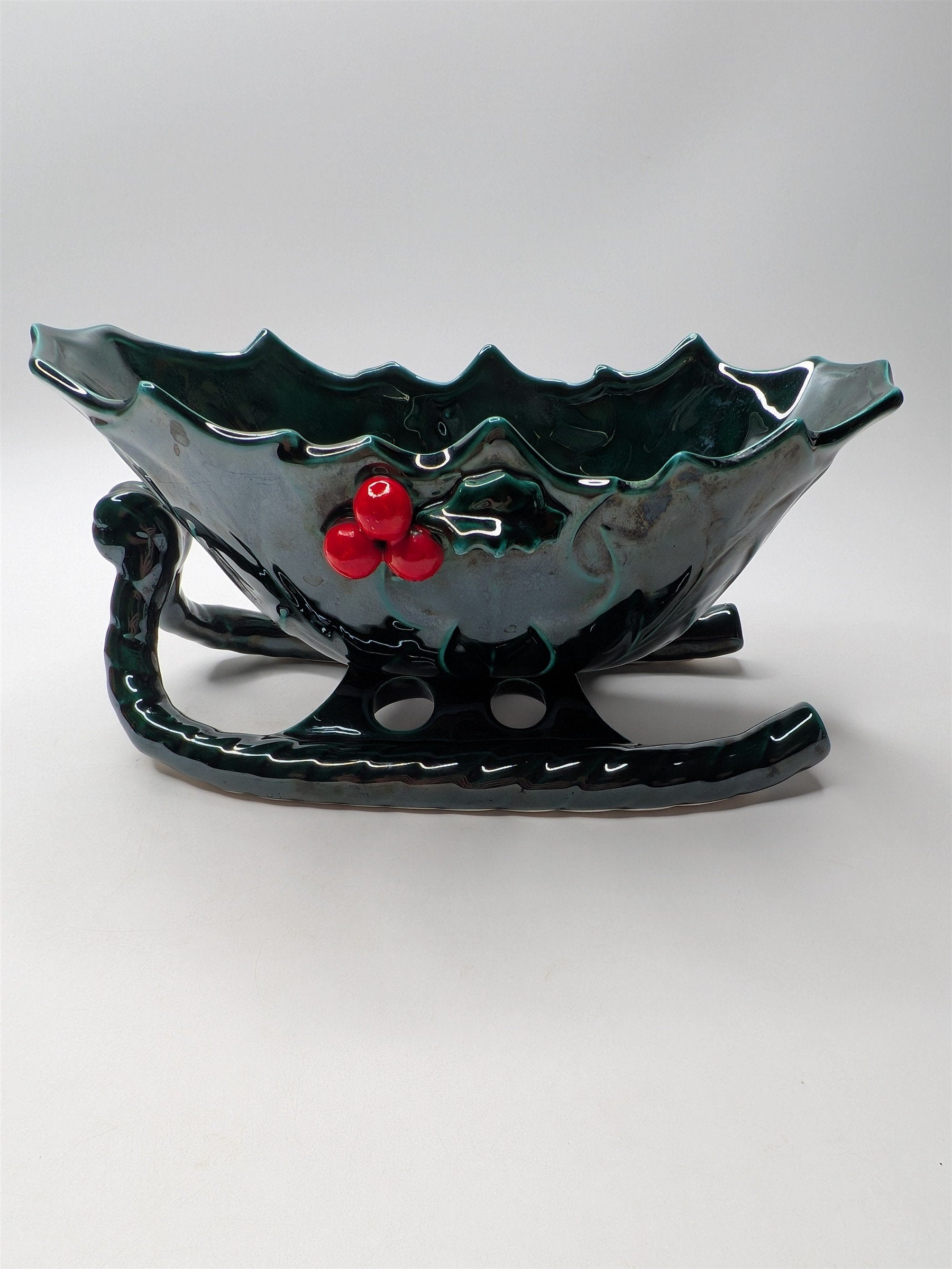 Vintage Lefton Ceramic Sleigh Bowl With Holly Berries 8" x 4" Nostalgic Planter