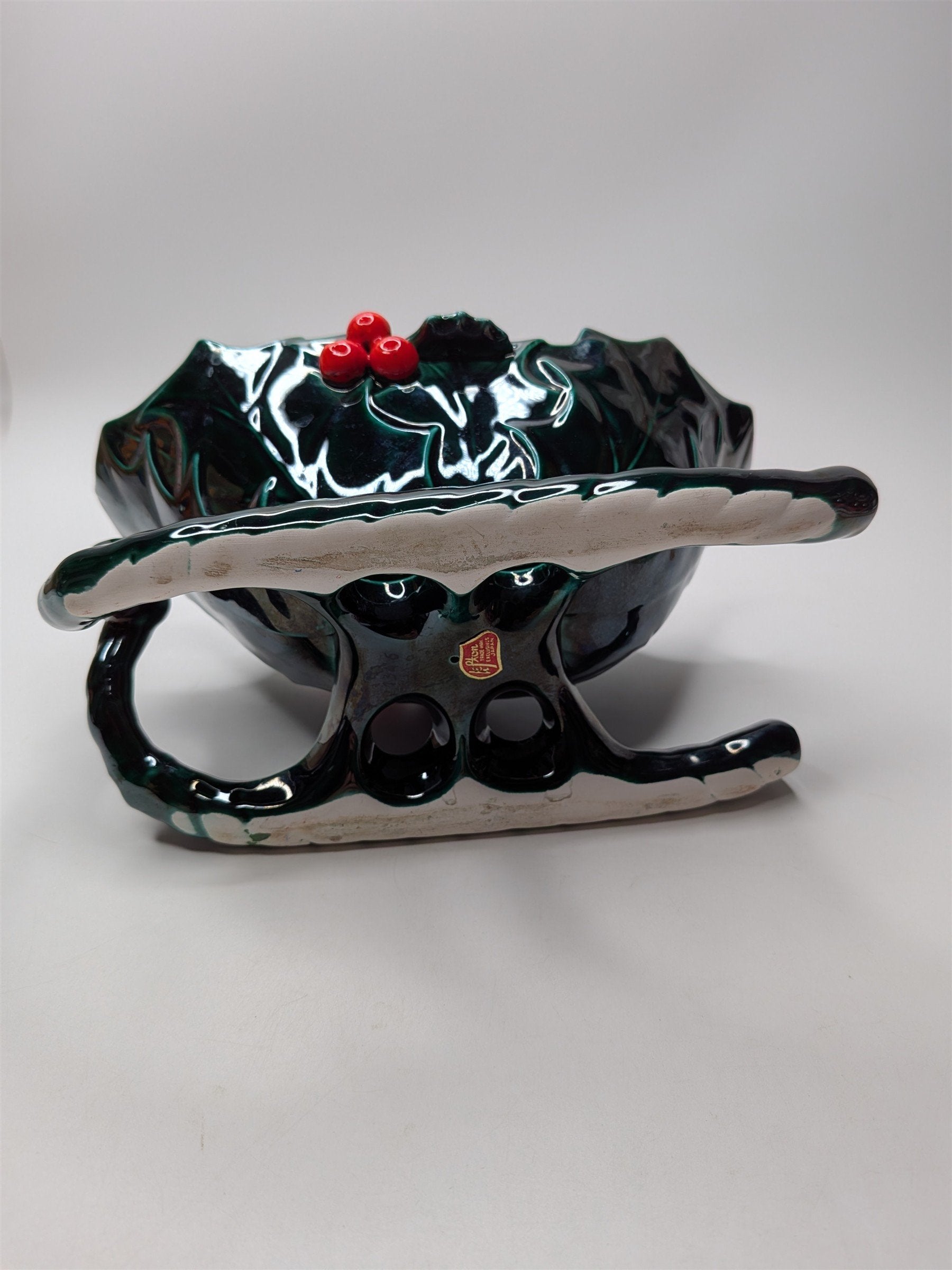 Vintage Lefton Ceramic Sleigh Bowl With Holly Berries 8" x 4" Nostalgic Planter