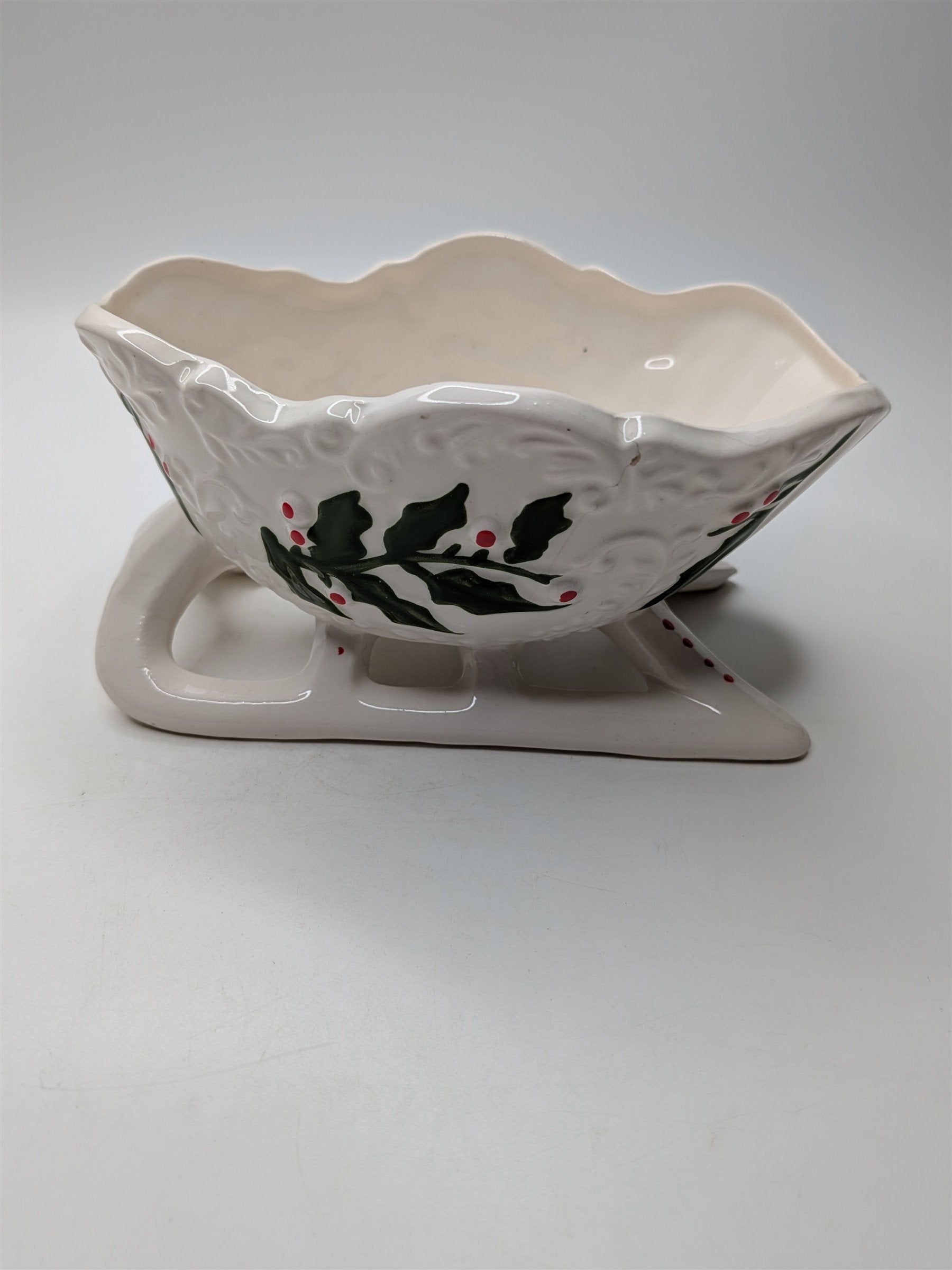Vintage Napco Ceramics Japan White Christmas Sleigh Candy Dish Holly & Berries