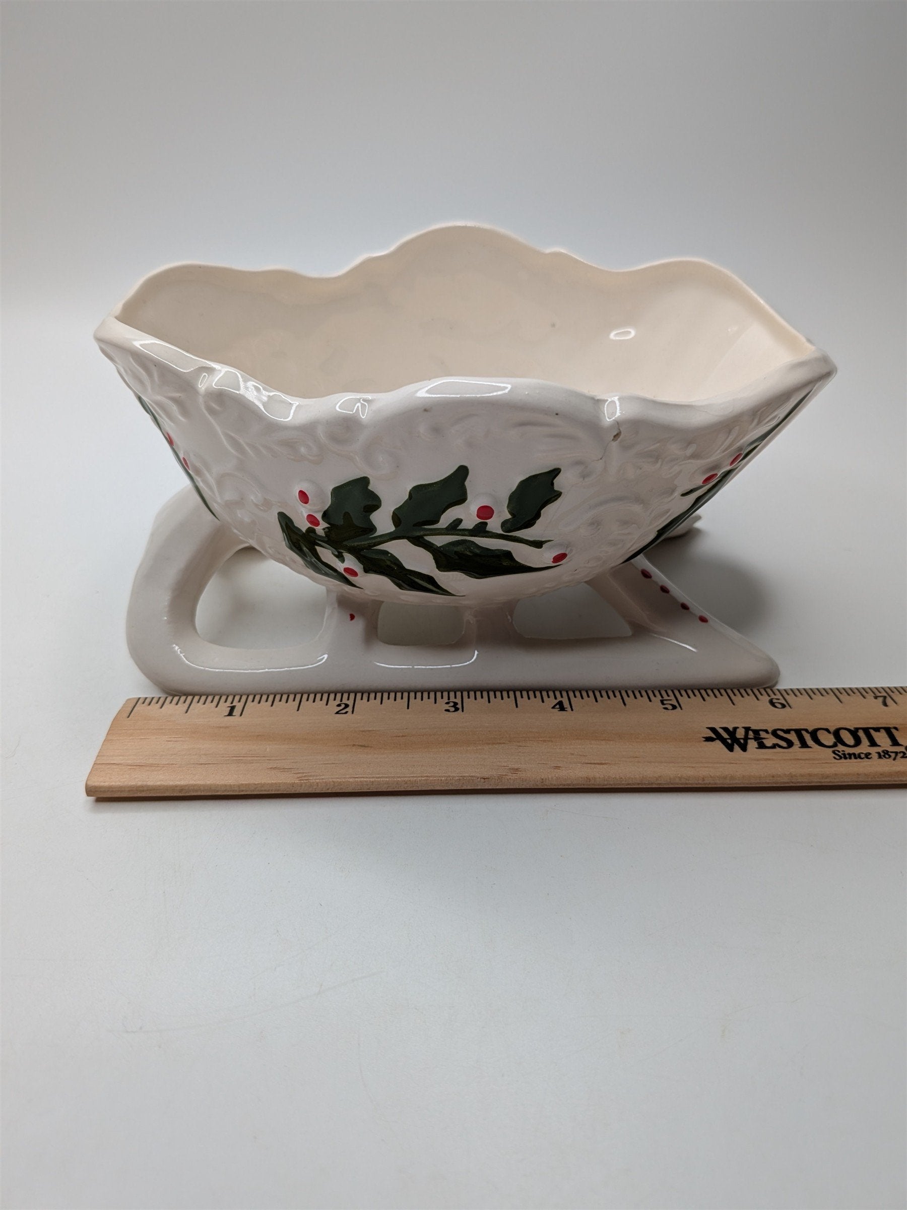 Vintage Napco Ceramics Japan White Christmas Sleigh Candy Dish Holly & Berries