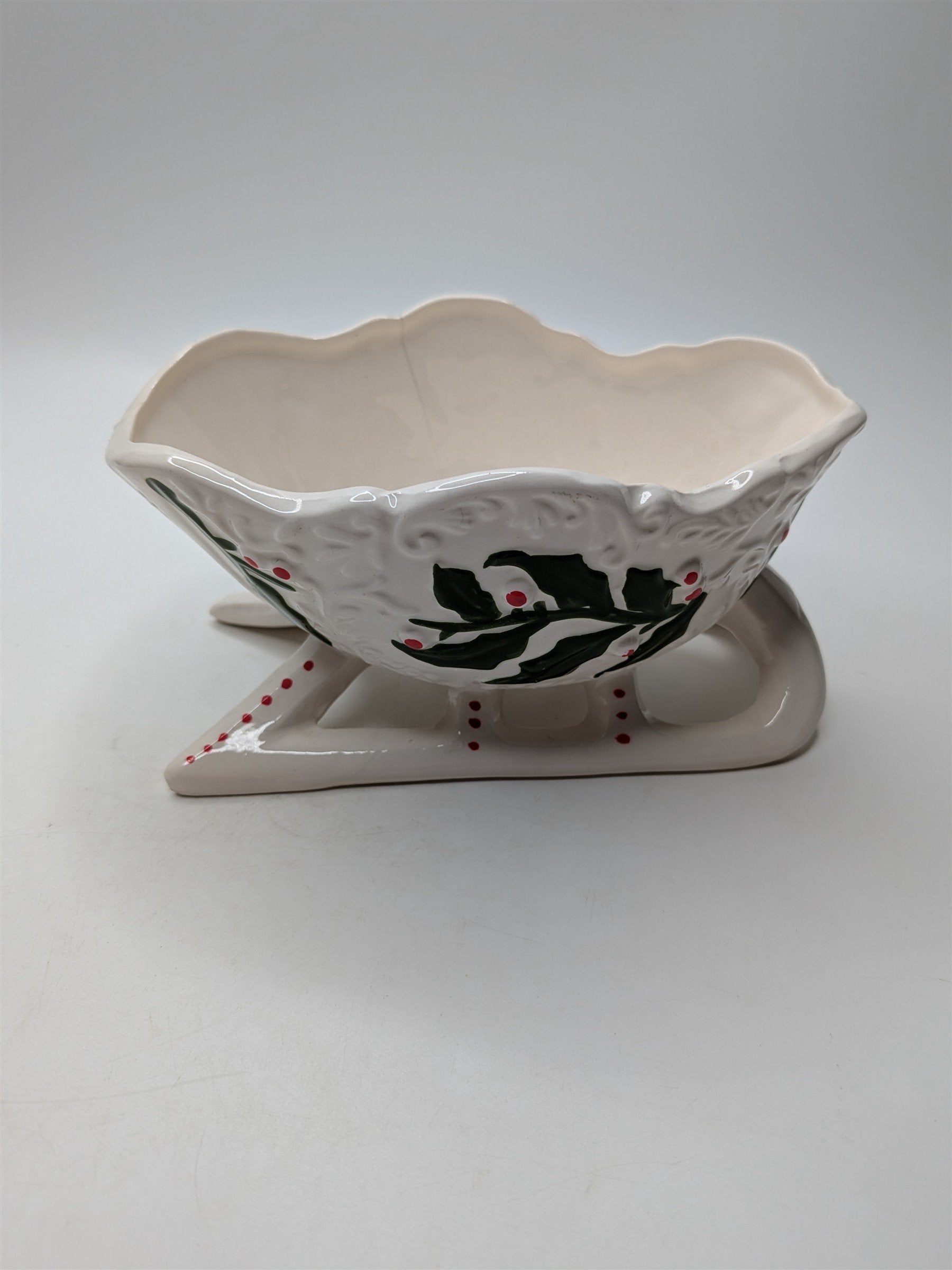 Vintage Napco Ceramics Japan White Christmas Sleigh Candy Dish Holly & Berries