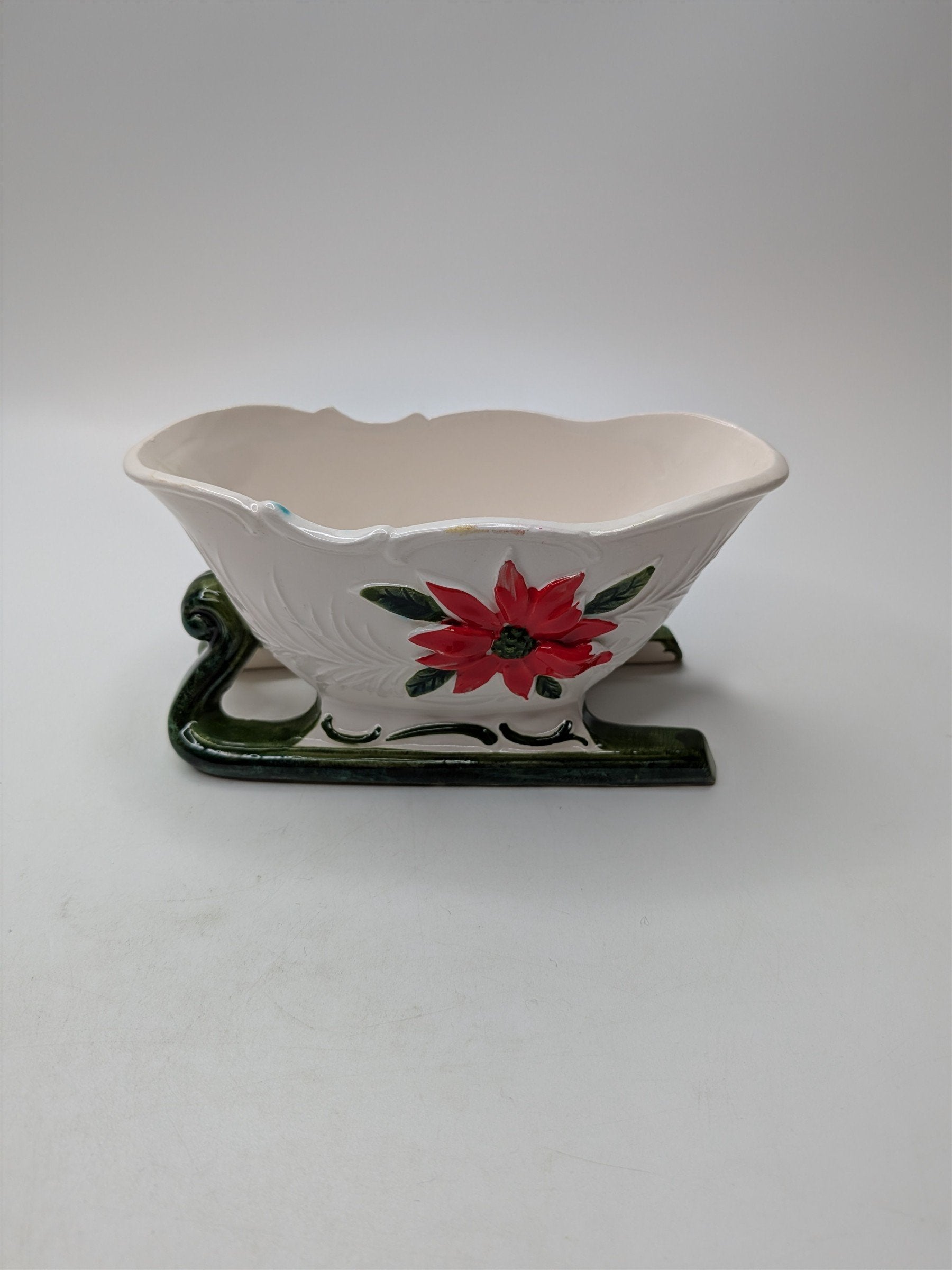 Vintage Napcoware Christmas Sleigh X-8404 Poinsettia Planter Candy Dish 1950s