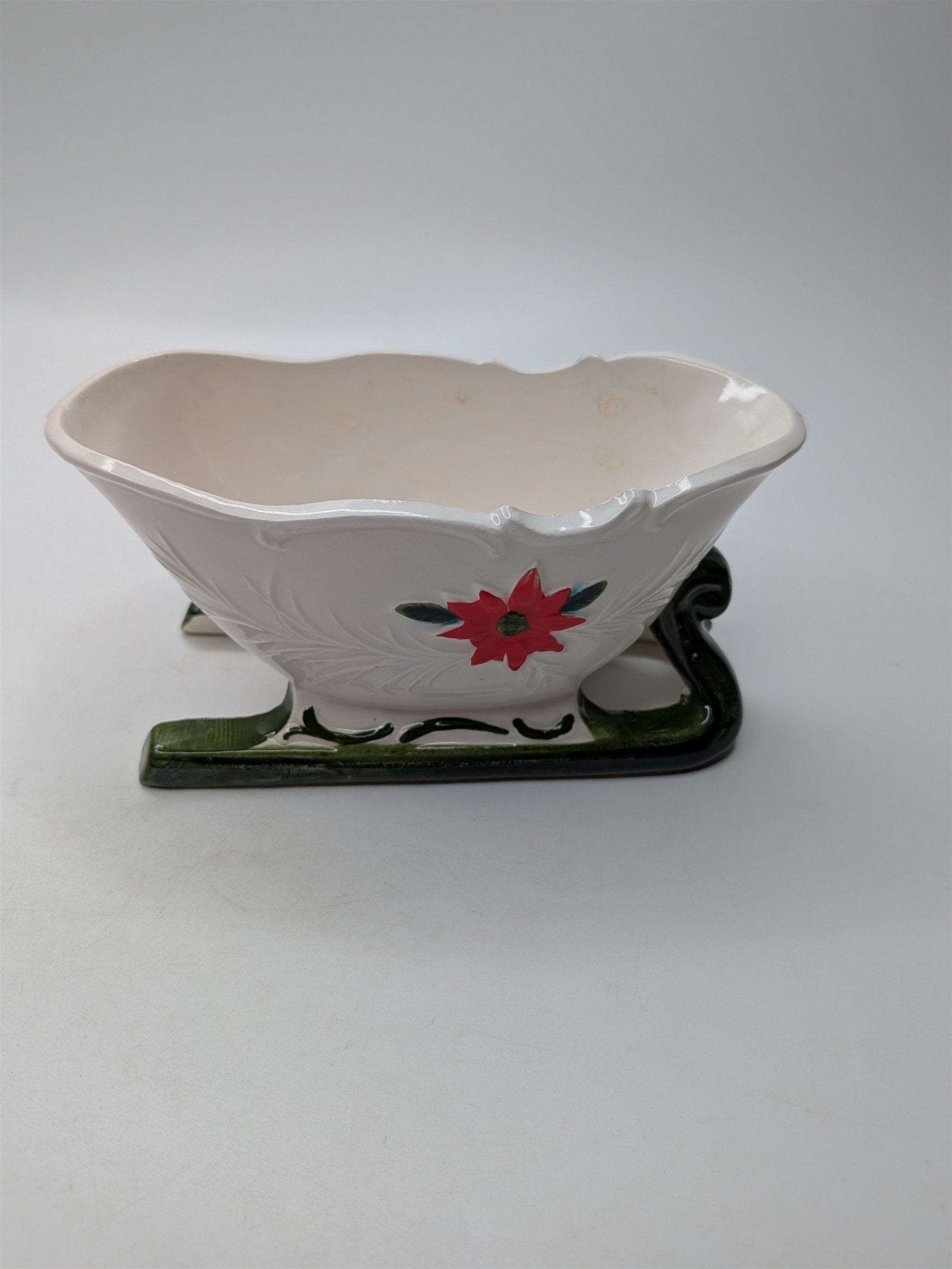 Vintage Napcoware Christmas Sleigh X-8404 Poinsettia Planter Candy Dish 1950s