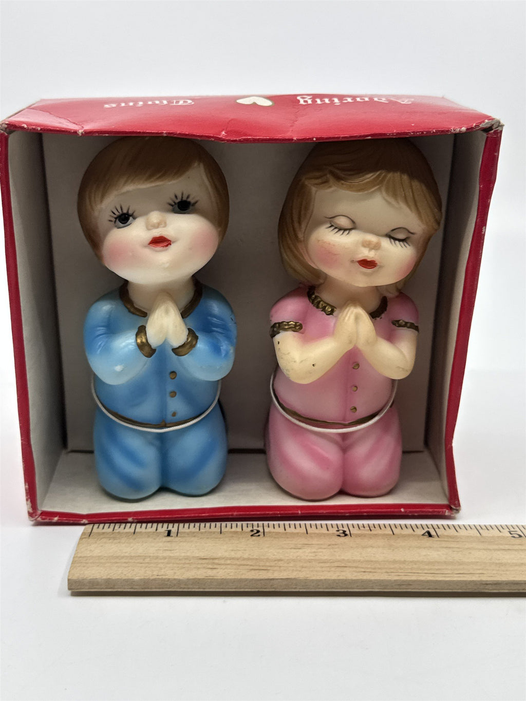 Vintage Praying Children Kneeling In Pajamas Adoring Twins Figurines In Box