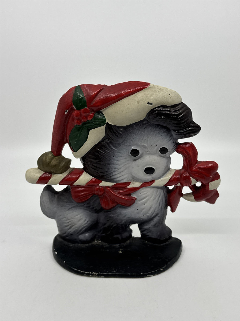 Vintage Cast Iron Christmas Puppy With Candy Cane Door Stop