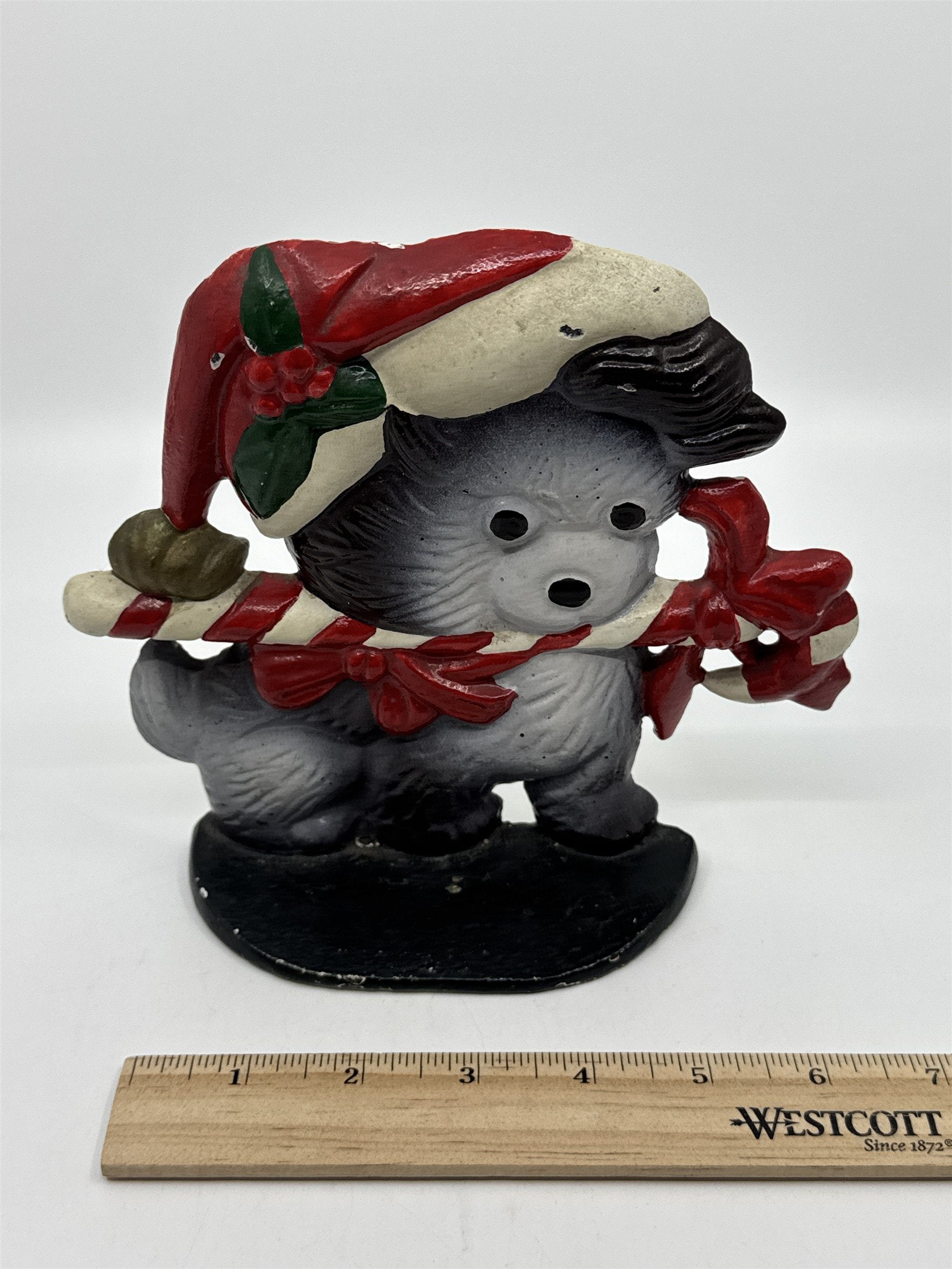 Vintage Cast Iron Christmas Puppy With Candy Cane Door Stop