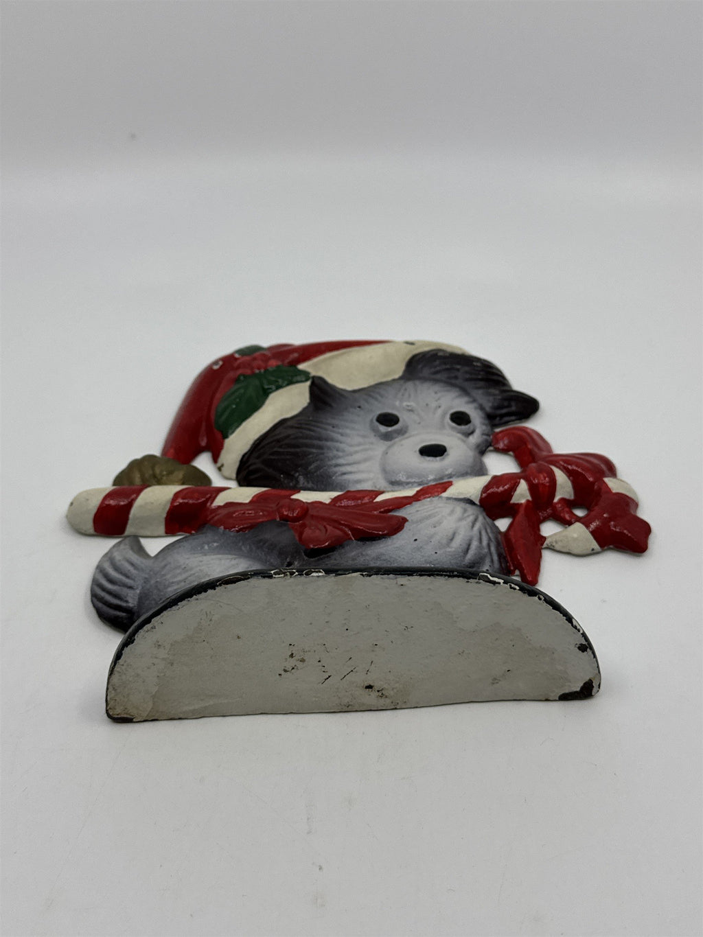 Vintage Cast Iron Christmas Puppy With Candy Cane Door Stop