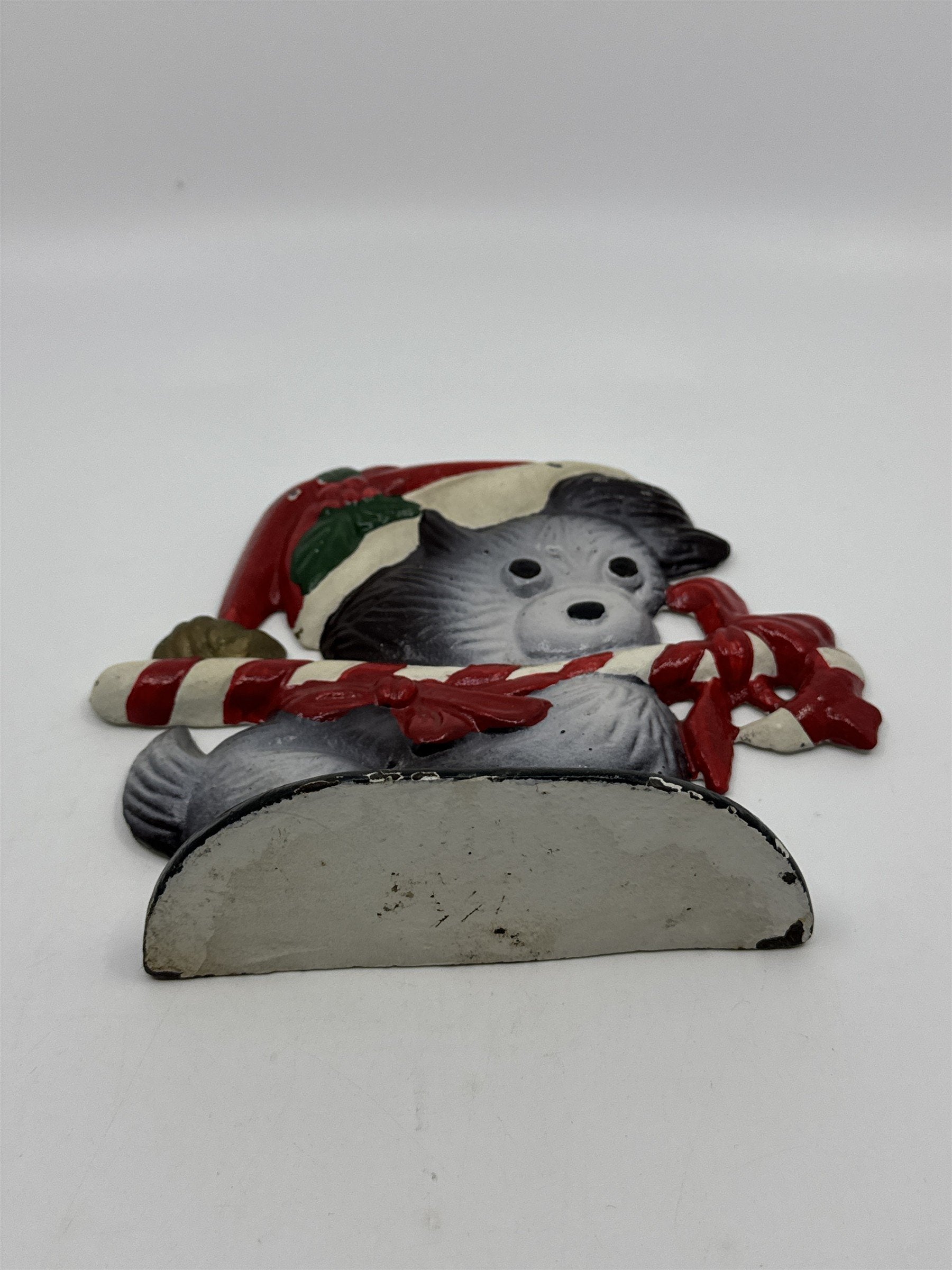 Vintage Cast Iron Christmas Puppy With Candy Cane Door Stop