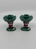 Set Of Two Vintage 1962 Christmas Santa Clause Holding Holly Candle Holders