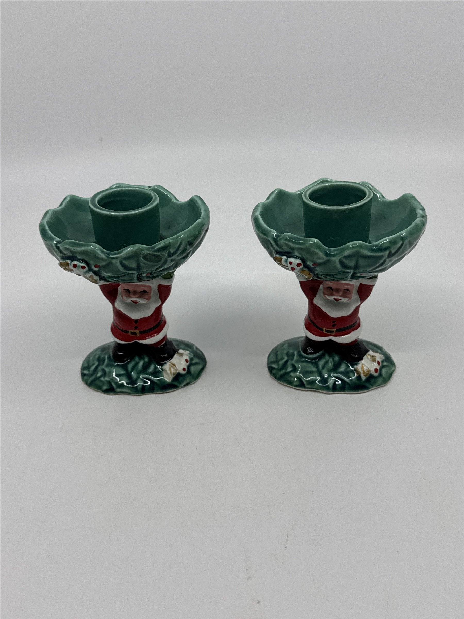 Set Of Two Vintage 1962 Christmas Santa Clause Holding Holly Candle Holders