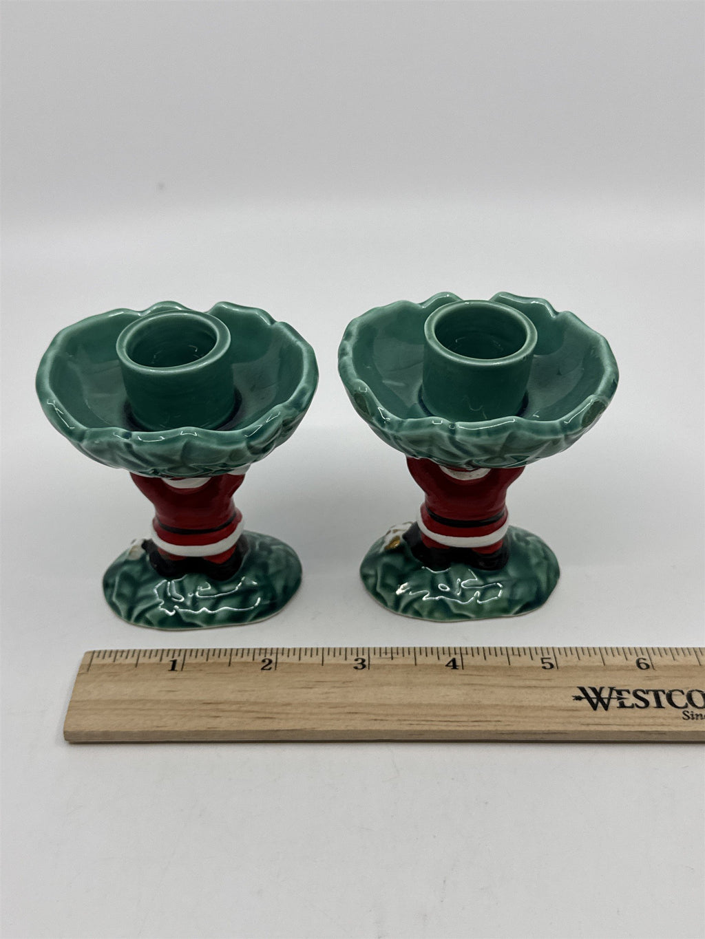 Set Of Two Vintage 1962 Christmas Santa Clause Holding Holly Candle Holders