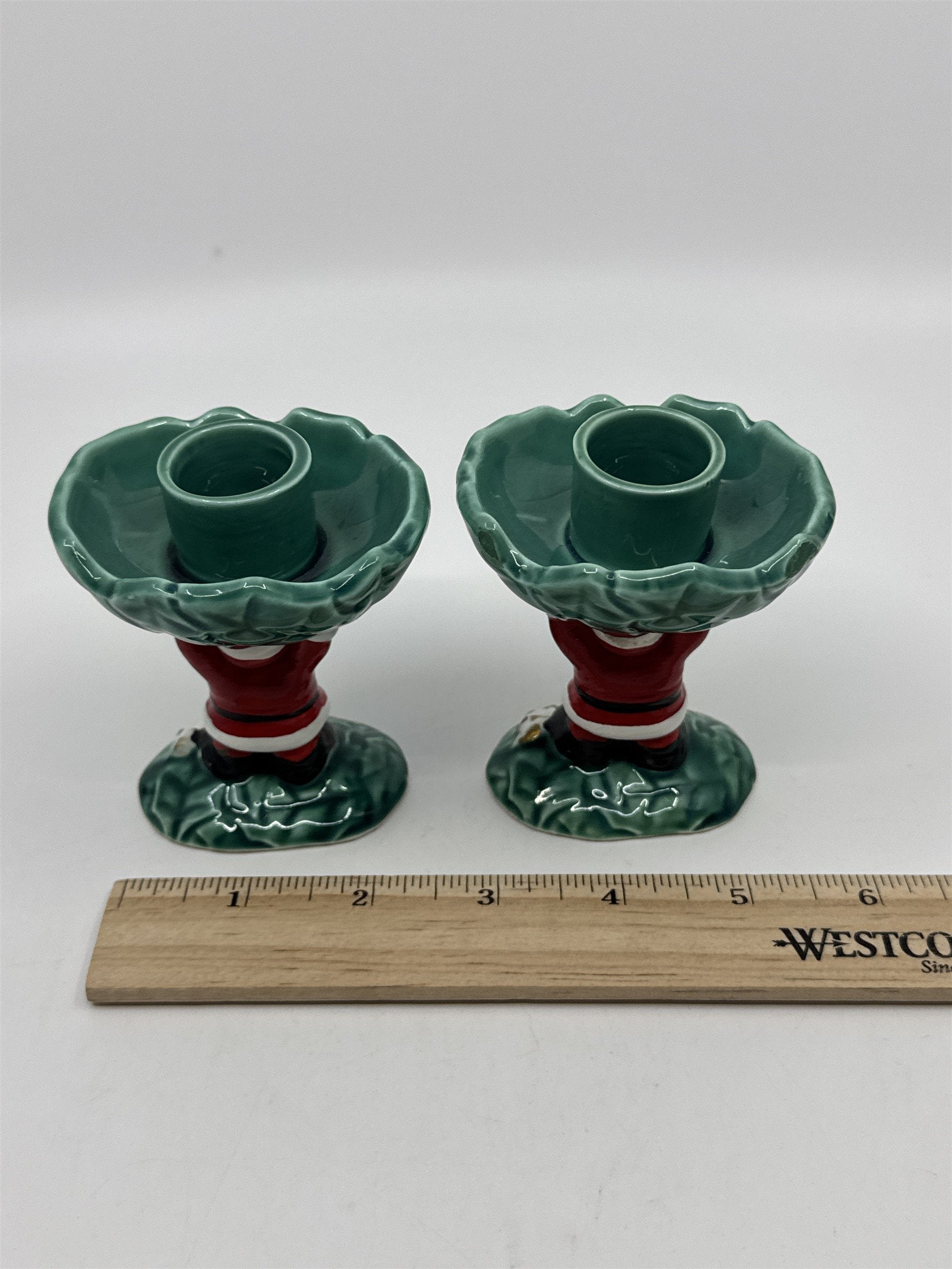 Set Of Two Vintage 1962 Christmas Santa Clause Holding Holly Candle Holders