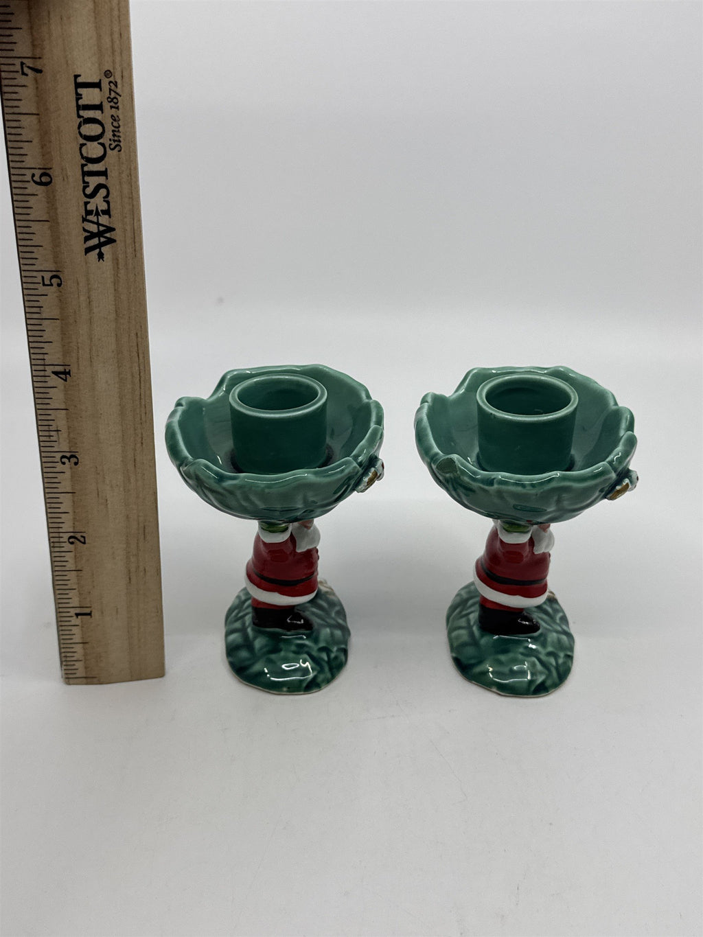 Set Of Two Vintage 1962 Christmas Santa Clause Holding Holly Candle Holders