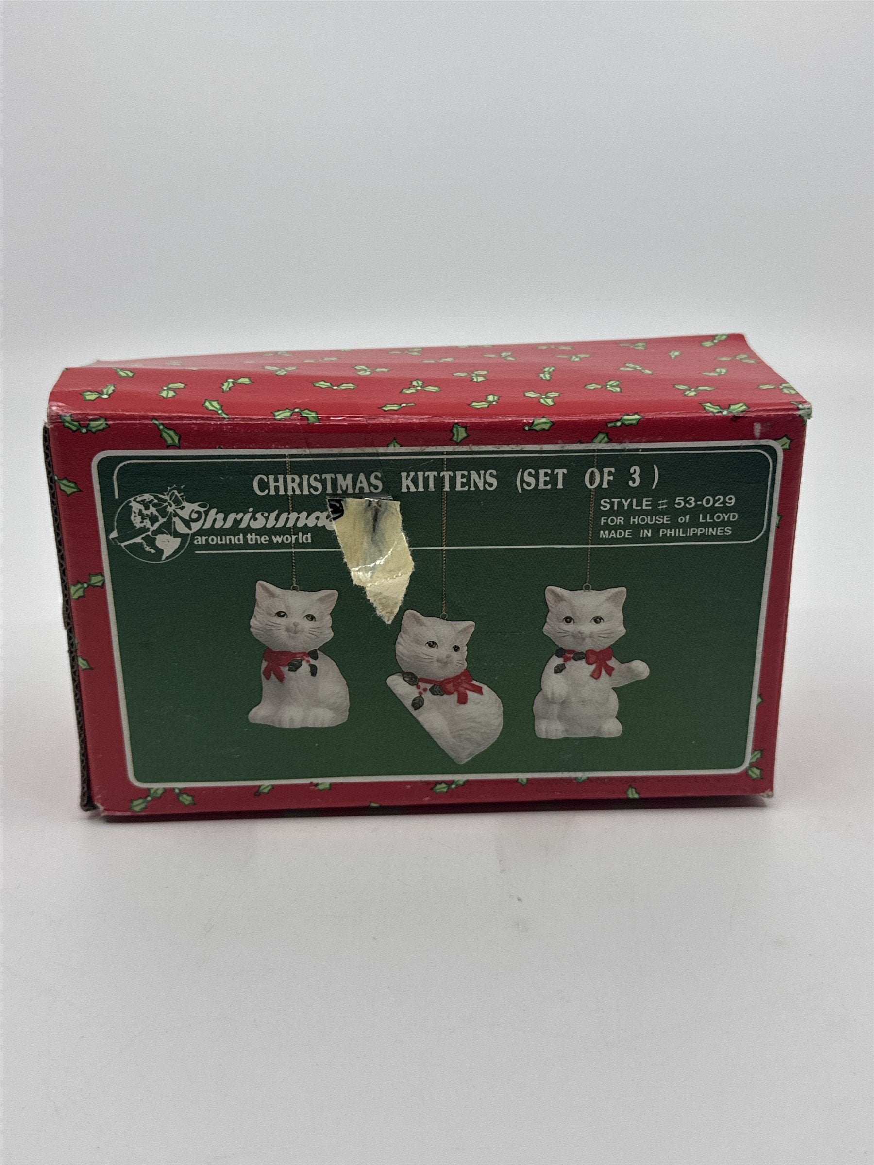 Vintage Set Of Three White Ceramic Christmas Kitten Ornaments Holiday Decor