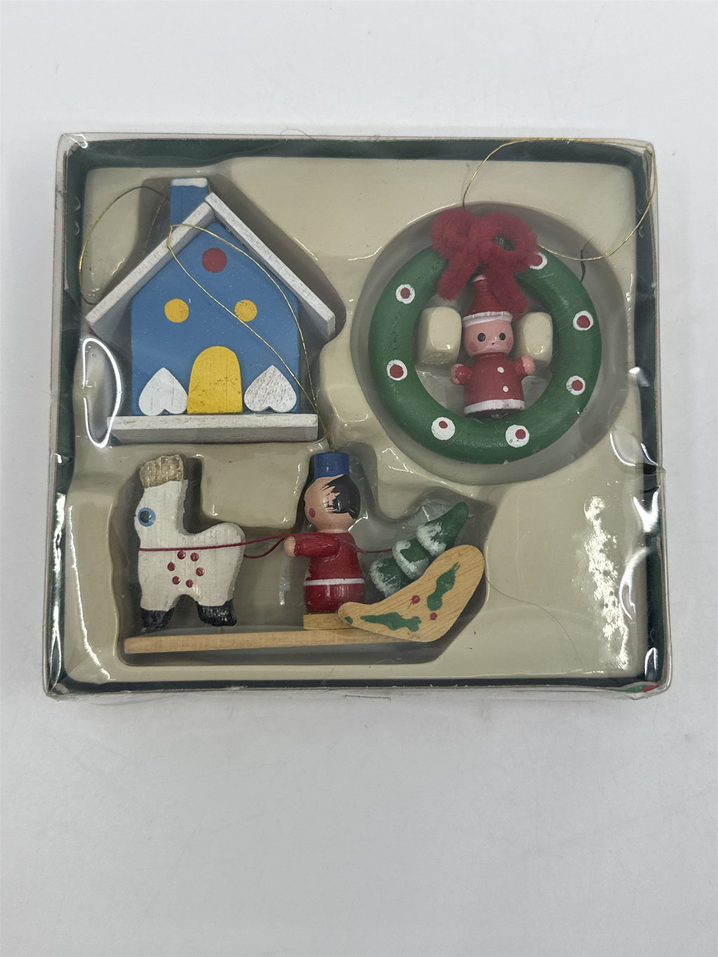 Vintage Set Of Three Wooden Christmas Ornaments Wreath, House And Sleigh