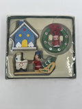 Vintage Set Of Three Wooden Christmas Ornaments Wreath, House And Sleigh