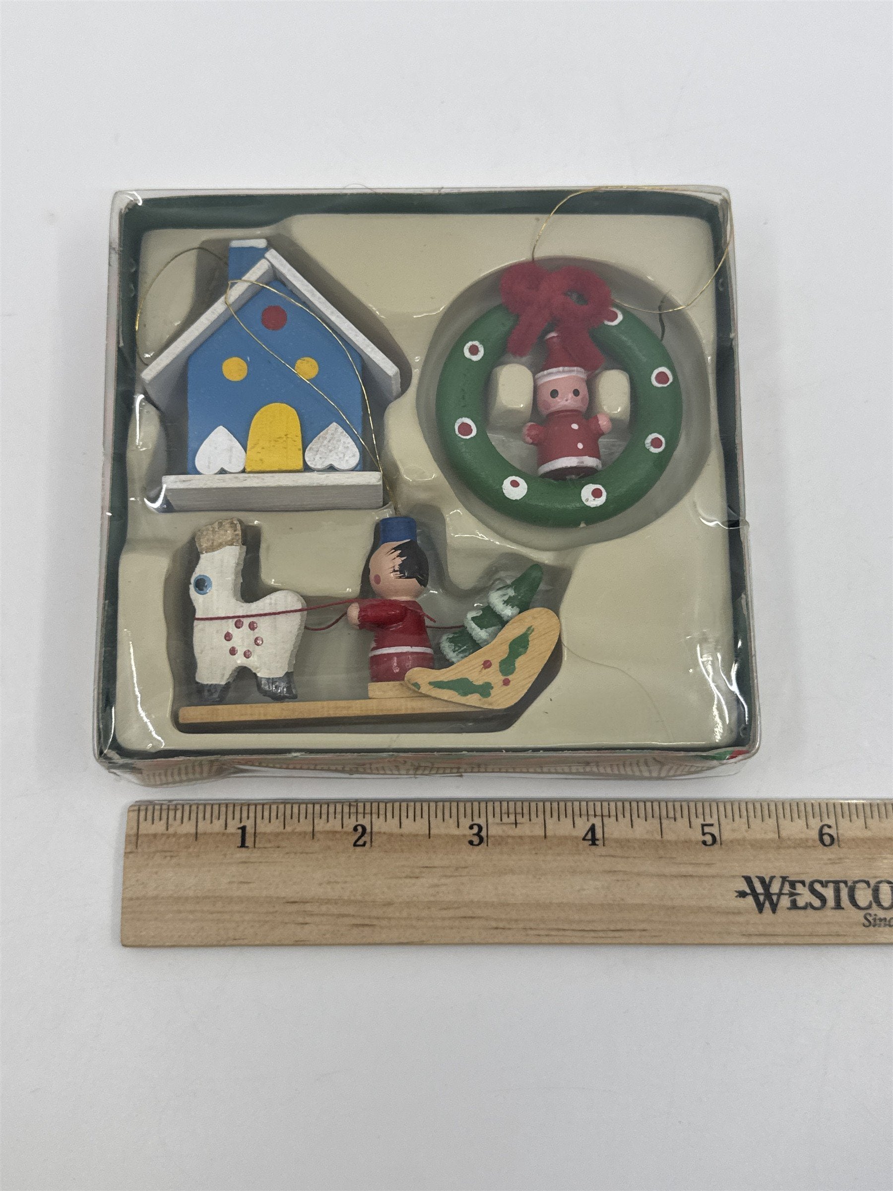 Vintage Set Of Three Wooden Christmas Ornaments Wreath, House And Sleigh